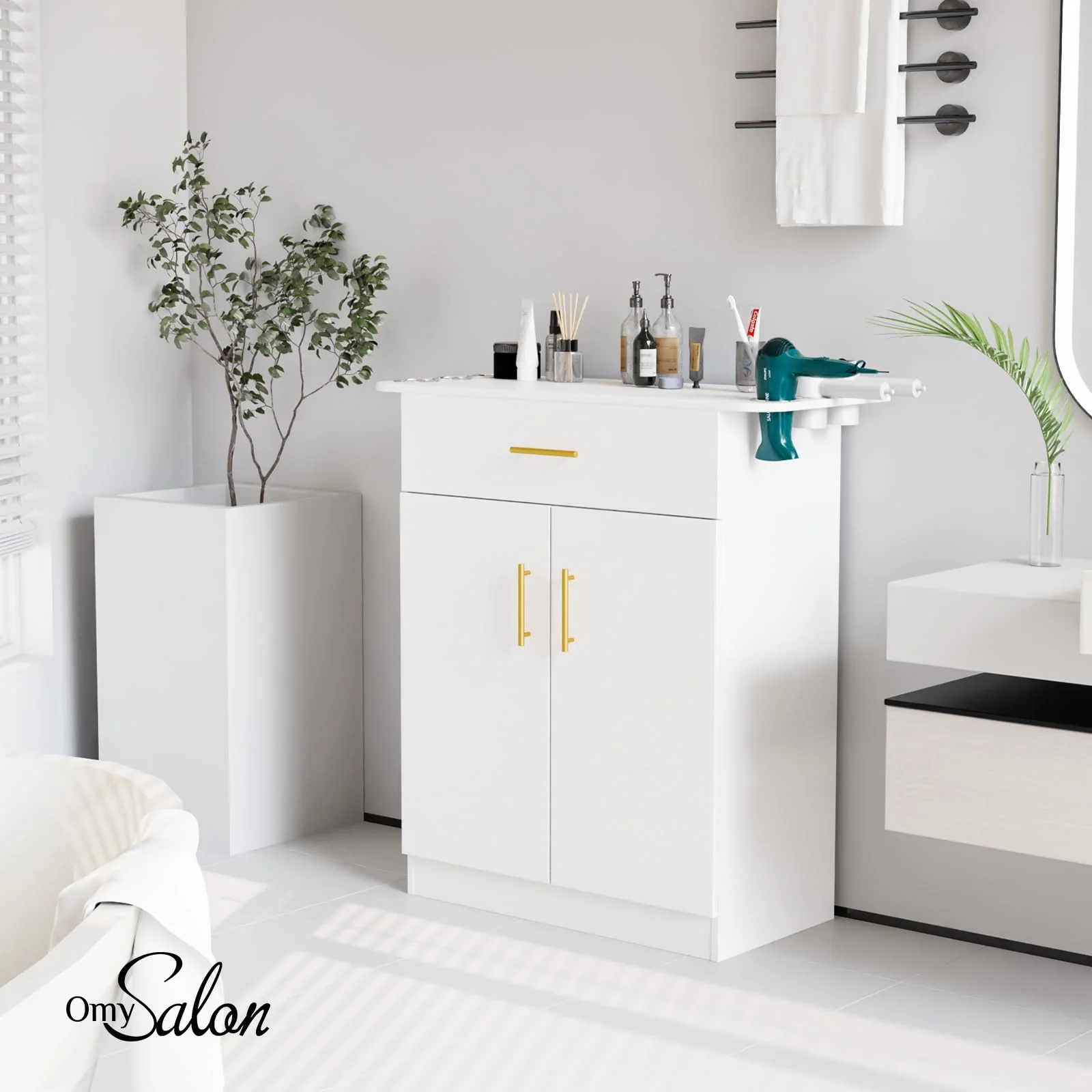 OmySalon HSC-21 Salon Station Cabinet Free Standing Storage Station with 1 Drawers 1 Storage Cabinet 6 Hair Dryer Holders - Image 15