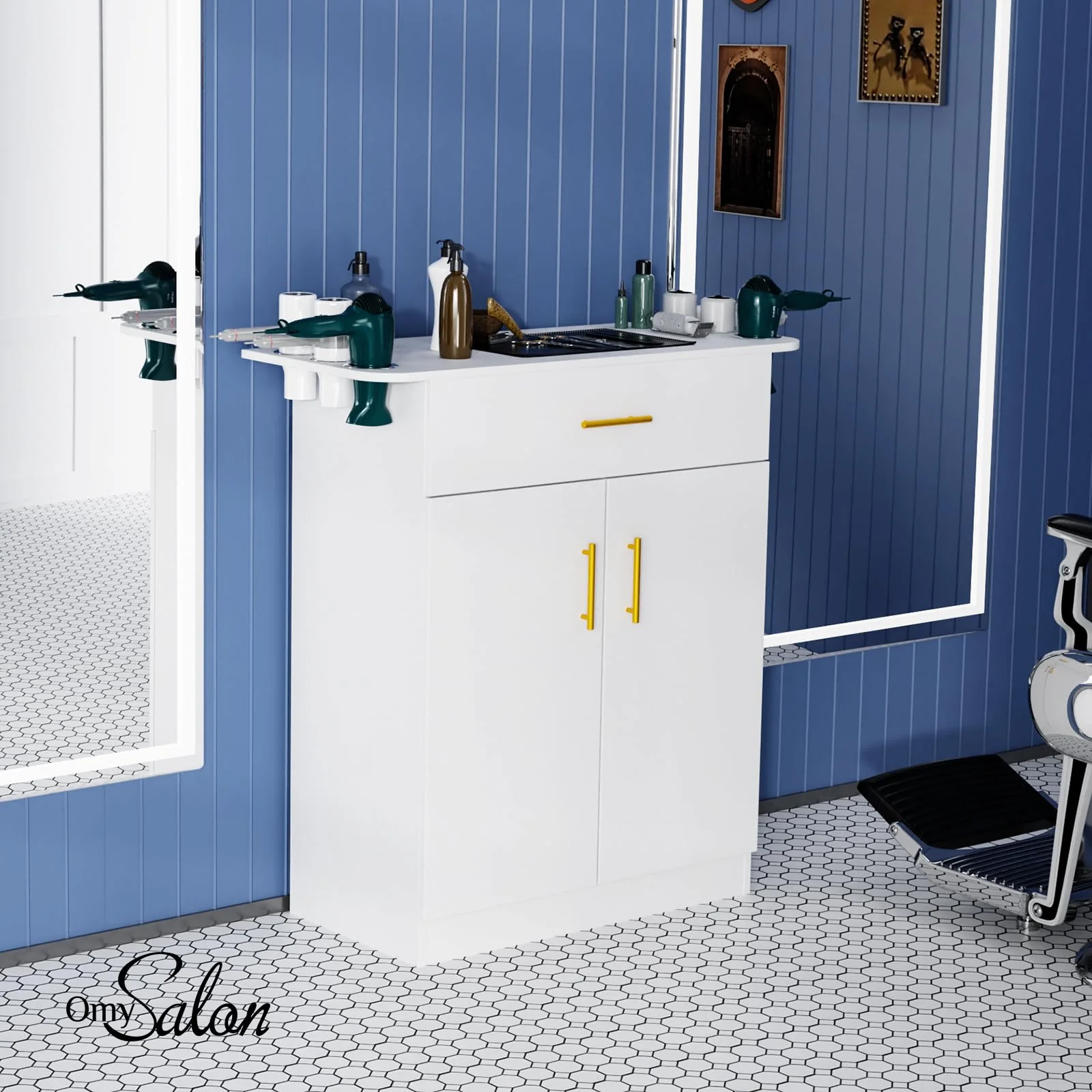 OmySalon HSC-21 Salon Station Cabinet Free Standing Storage Station with 1 Drawers 1 Storage Cabinet 6 Hair Dryer Holders - Image 16