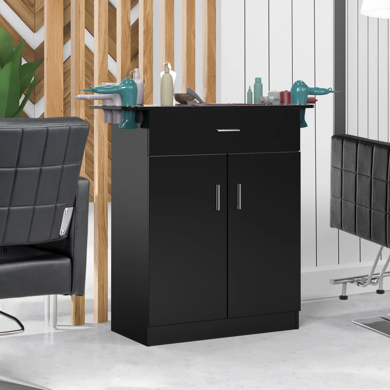OmySalon HSC-21 Salon Station Cabinet Free Standing Storage Station with 1 Drawers 1 Storage Cabinet 6 Hair Dryer Holders - Image 2