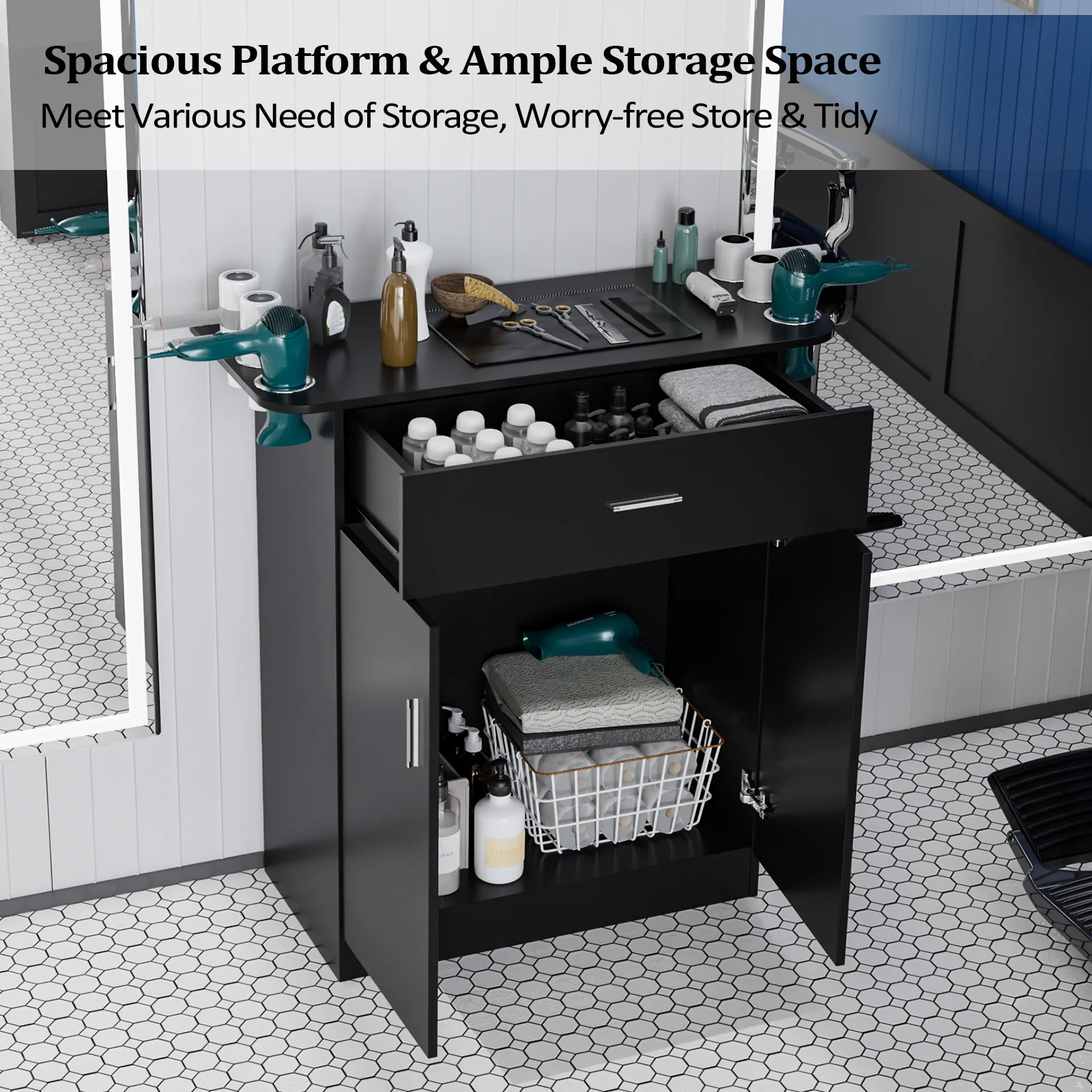 OmySalon HSC-21 Salon Station Cabinet Free Standing Storage Station with 1 Drawers 1 Storage Cabinet 6 Hair Dryer Holders - Image 4