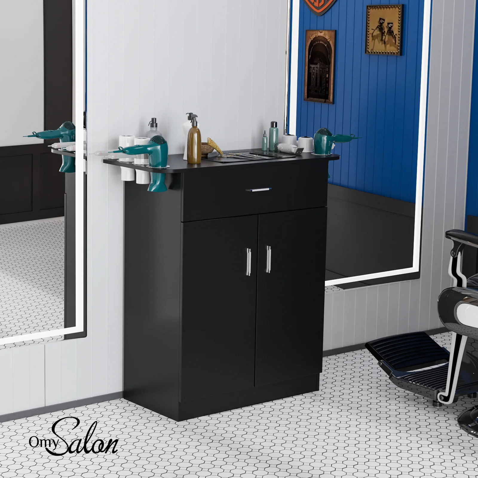 OmySalon HSC-21 Salon Station Cabinet Free Standing Storage Station with 1 Drawers 1 Storage Cabinet 6 Hair Dryer Holders - Image 7