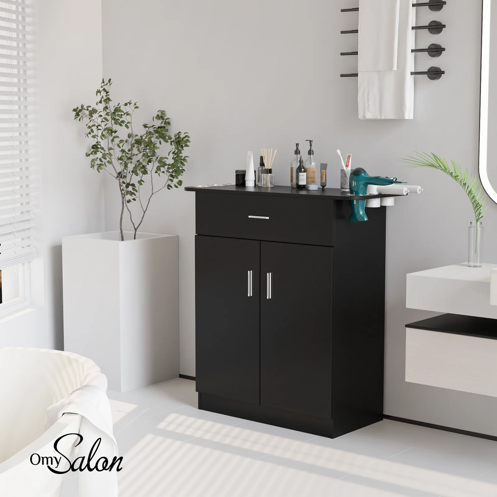 OmySalon HSC-21 Salon Station Cabinet Free Standing Storage Station with 1 Drawers 1 Storage Cabinet 6 Hair Dryer Holders - Image 8