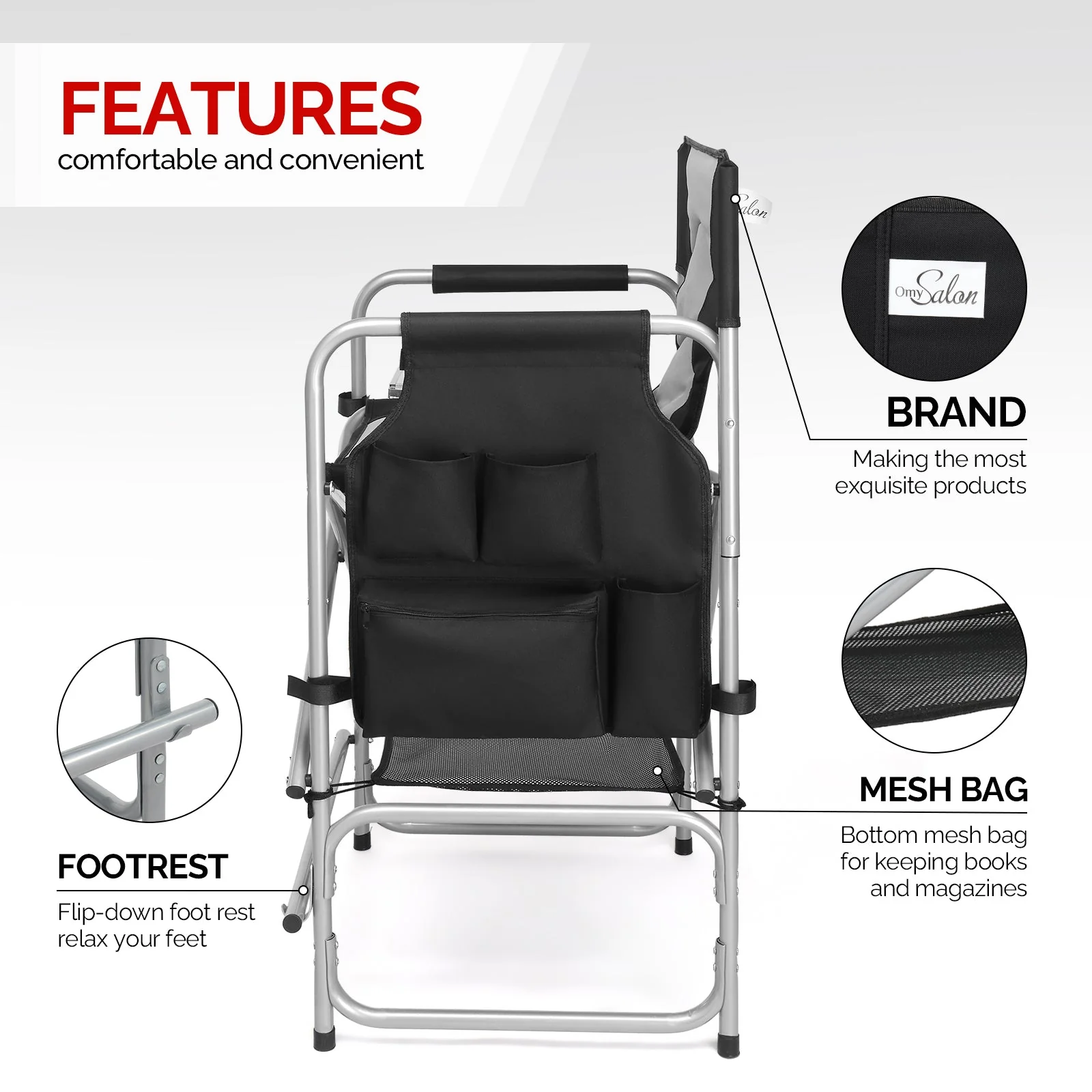 OmySalon Portable Folding Director Chair Makeup Artist Chair with Side Table 22in/26in/30in - Image 16