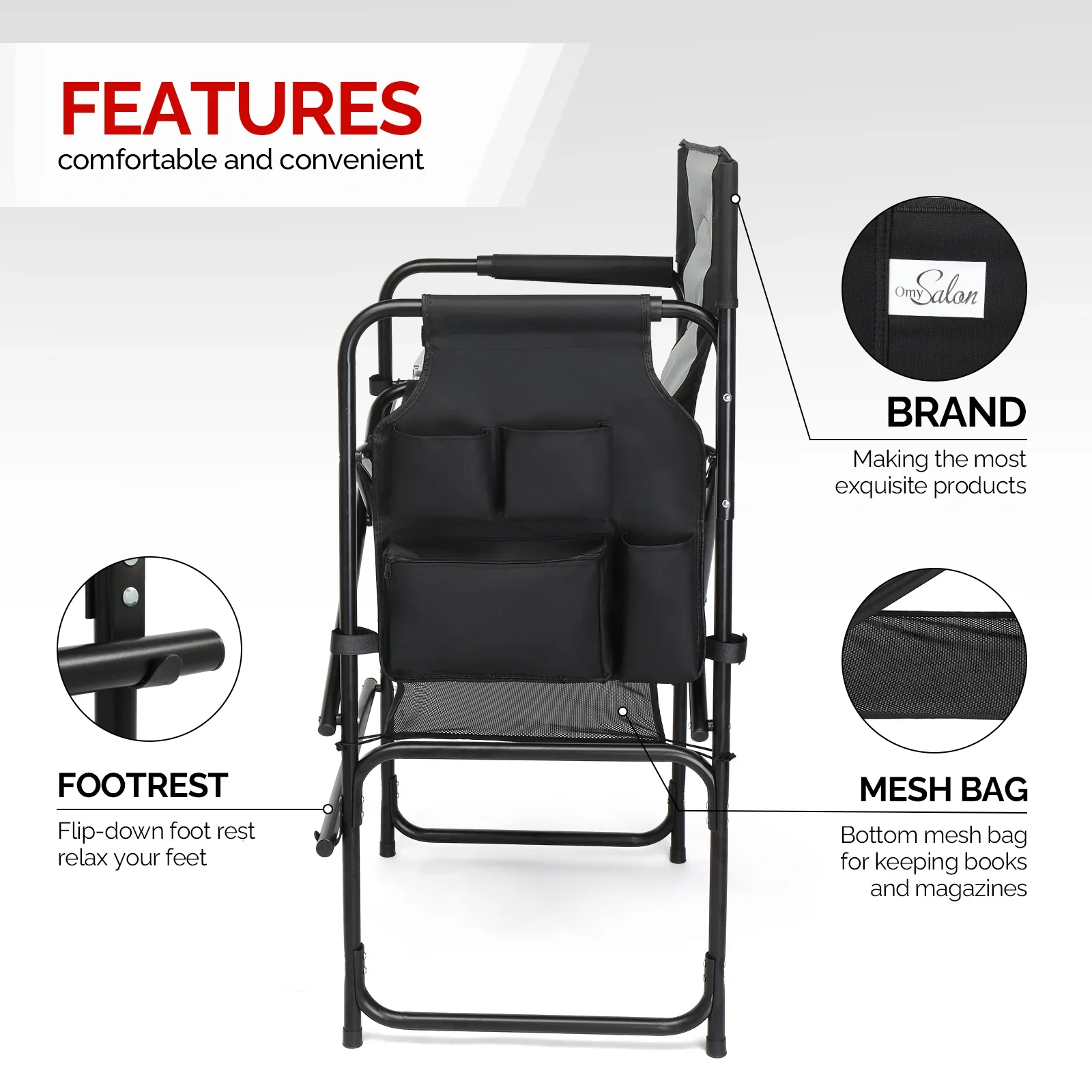 OmySalon Portable Folding Director Chair Makeup Artist Chair with Side Table 22in/26in/30in - Image 27
