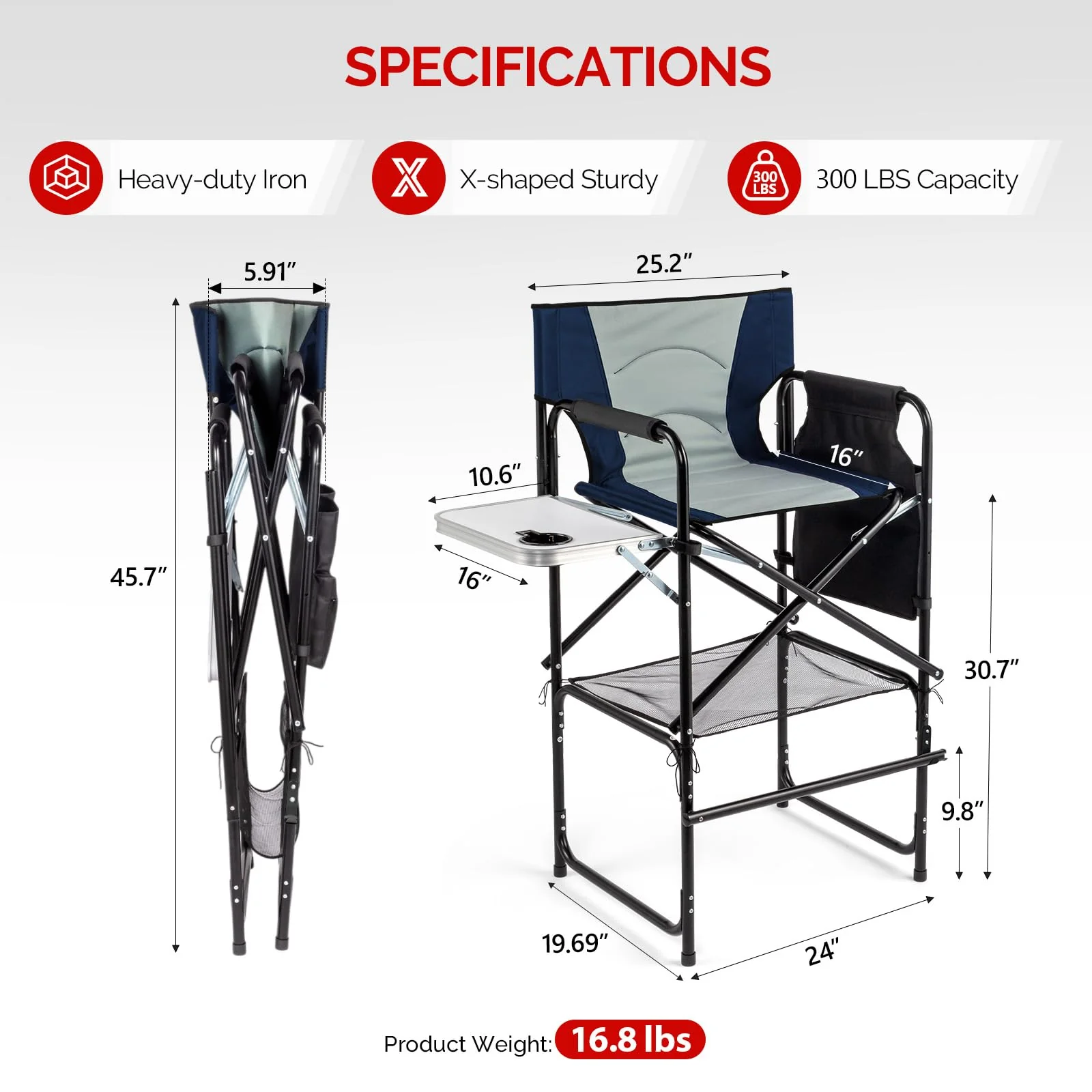 OmySalon Portable Folding Director Chair Makeup Artist Chair with Side Table 22in/26in/30in - Image 37