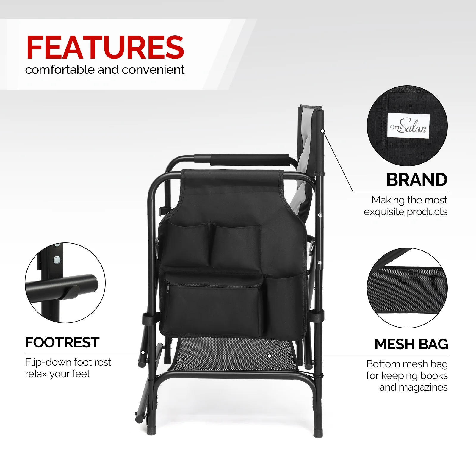 OmySalon Portable Folding Director Chair Makeup Artist Chair with Side Table 22in/26in/30in - Image 4