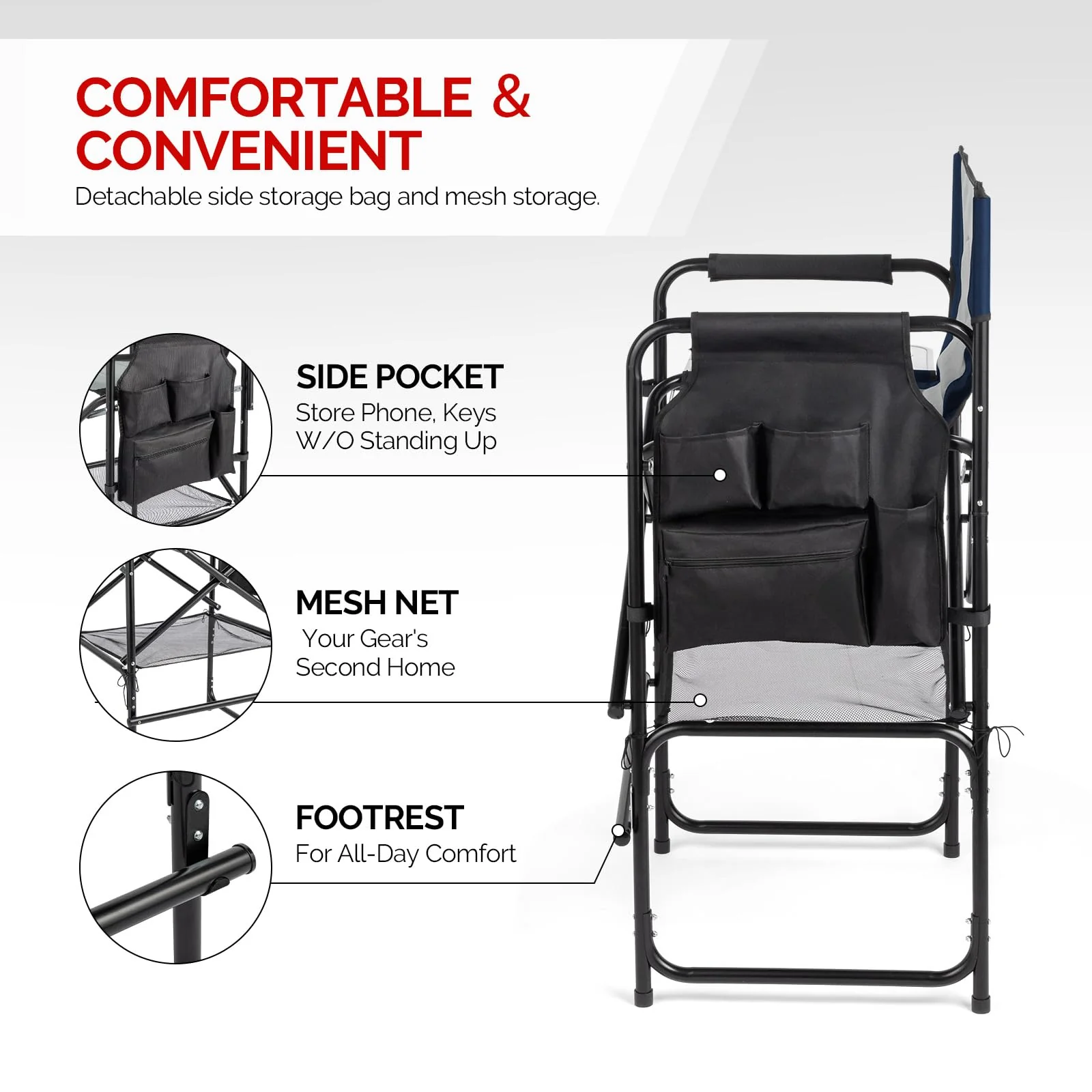 OmySalon Portable Folding Director Chair Makeup Artist Chair with Side Table 22in/26in/30in - Image 40