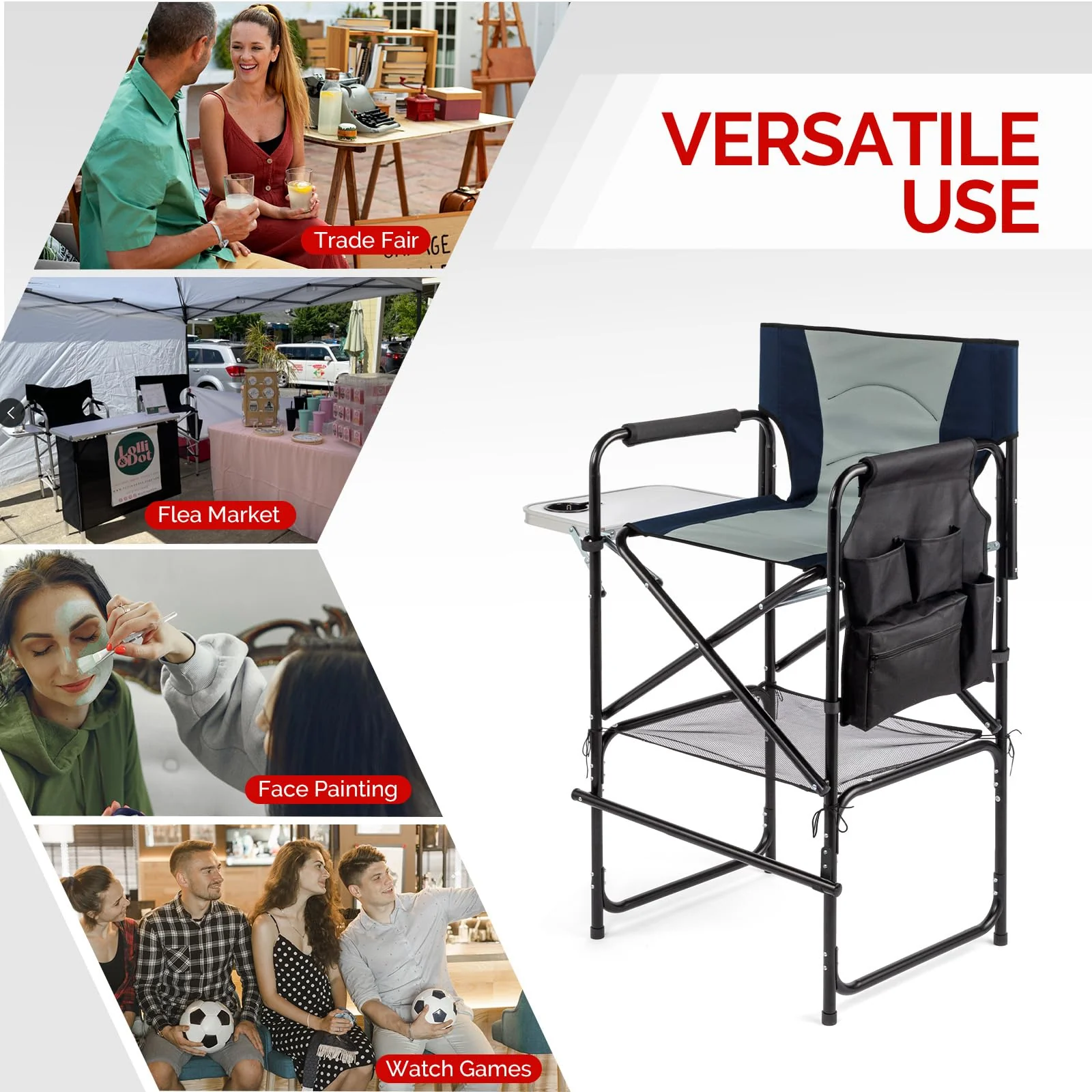 OmySalon Portable Folding Director Chair Makeup Artist Chair with Side Table 22in/26in/30in - Image 41