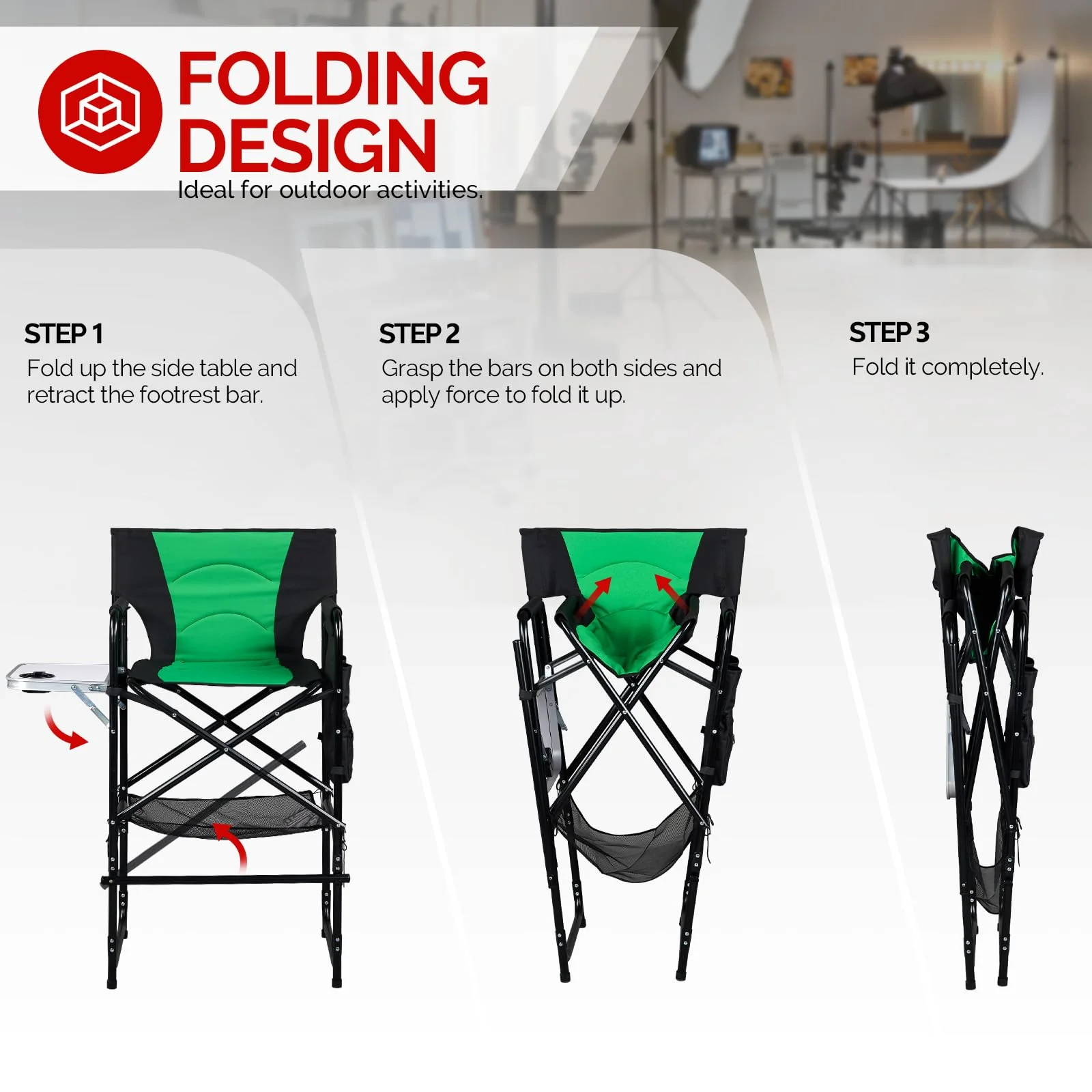 OmySalon Portable Folding Director Chair Makeup Artist Chair with Side Table 22in/26in/30in - Image 45