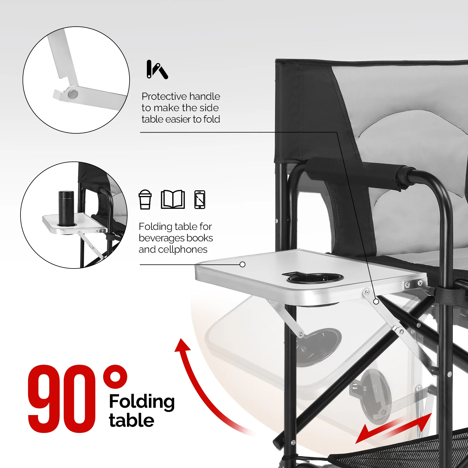 OmySalon Portable Folding Director Chair Makeup Artist Chair with Side Table 22in/26in/30in - Image 5