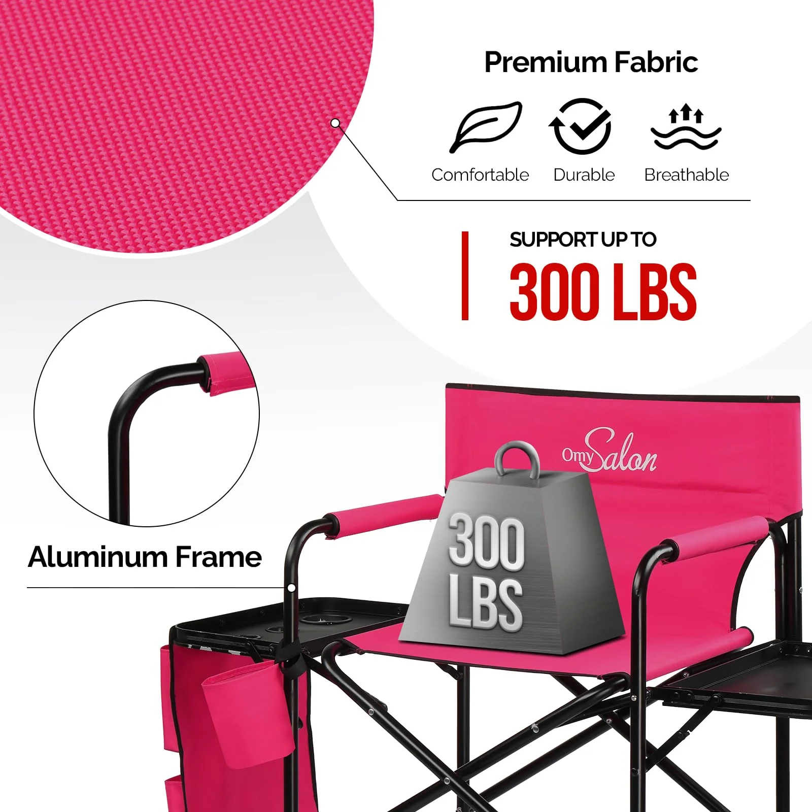 OmySalon 31in Portable Folding Director Chair with 2 Retractable Side Tables & 2 Side Bags - Image 11