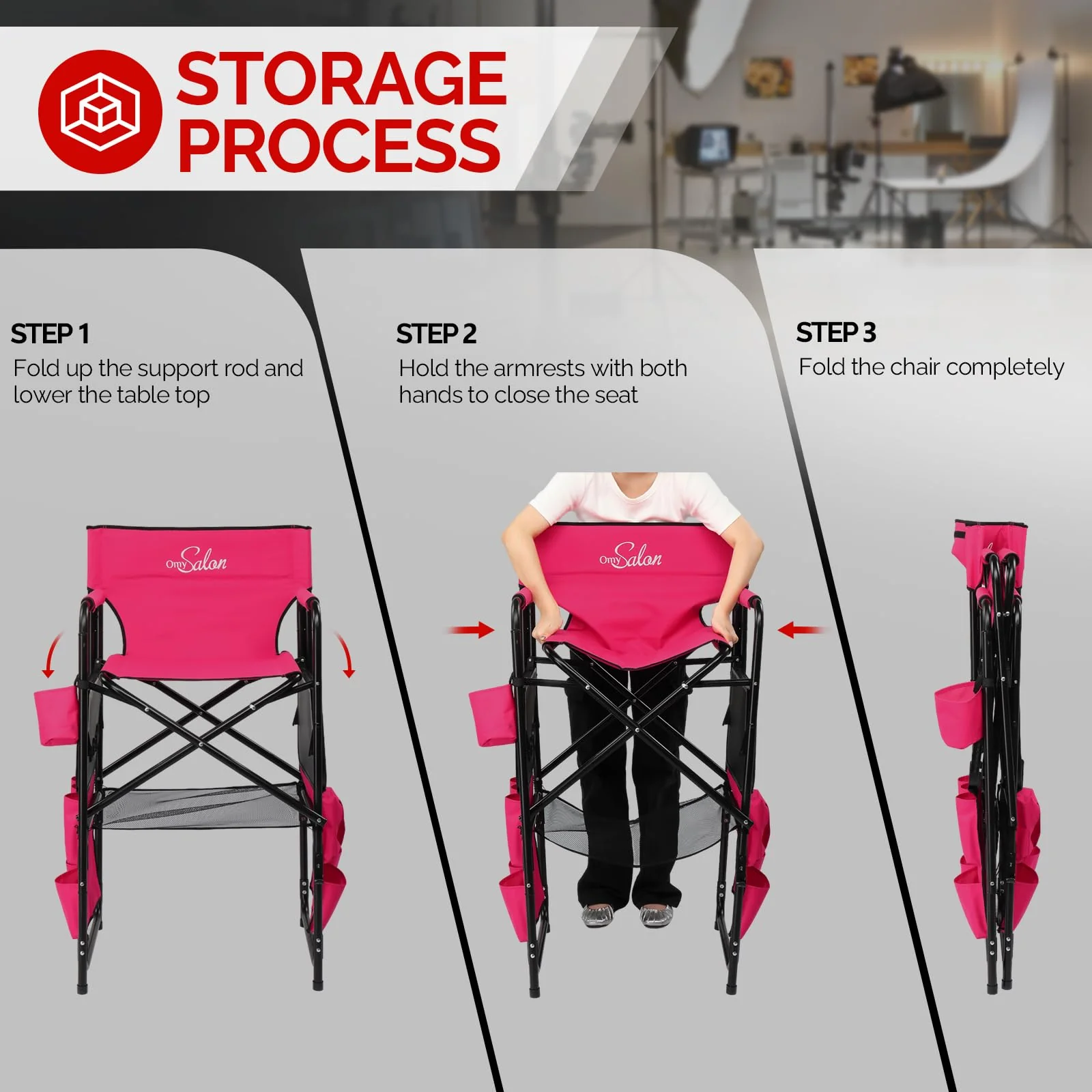 OmySalon 31in Portable Folding Director Chair with 2 Retractable Side Tables & 2 Side Bags - Image 12