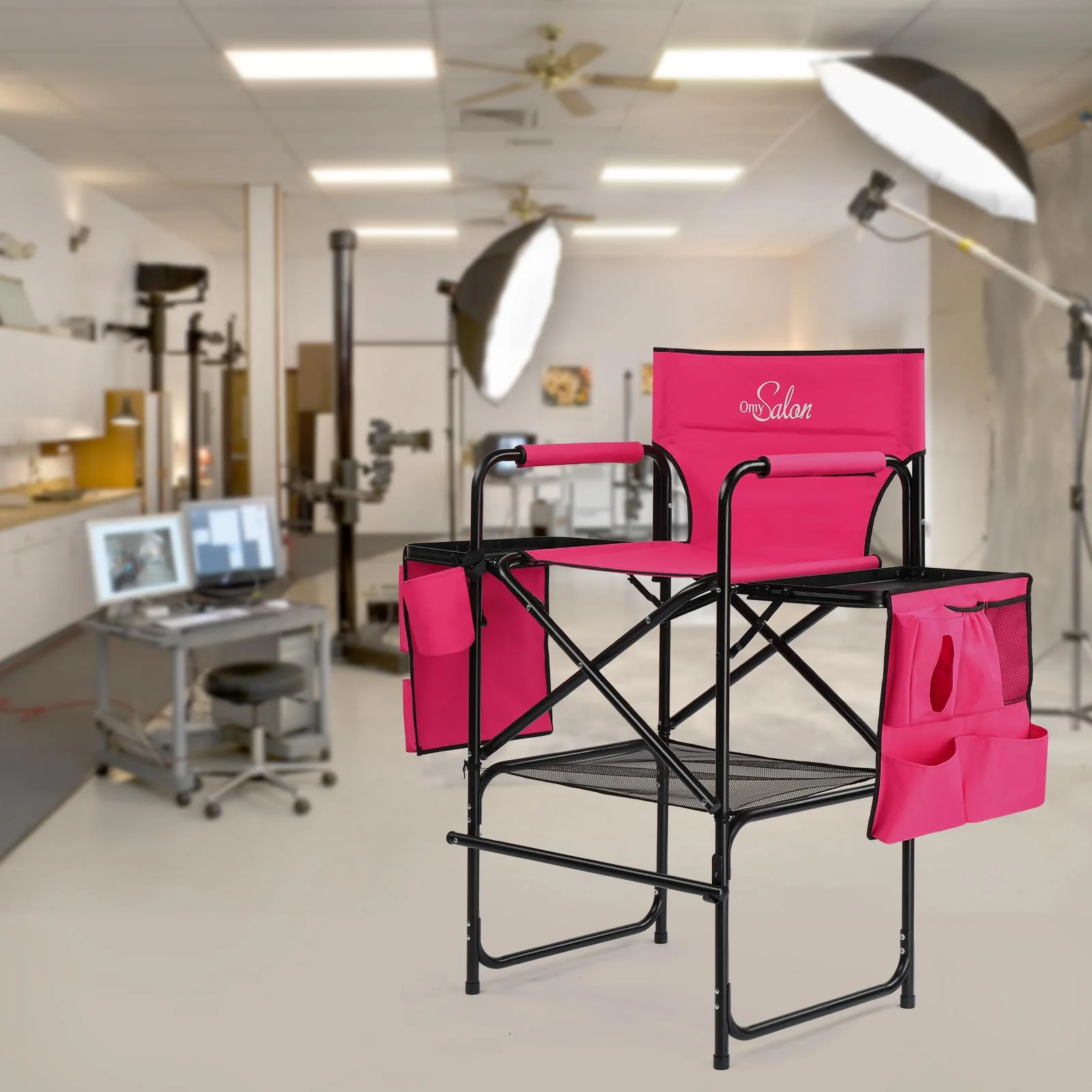 OmySalon 31in Portable Folding Director Chair with 2 Retractable Side Tables & 2 Side Bags - Image 14