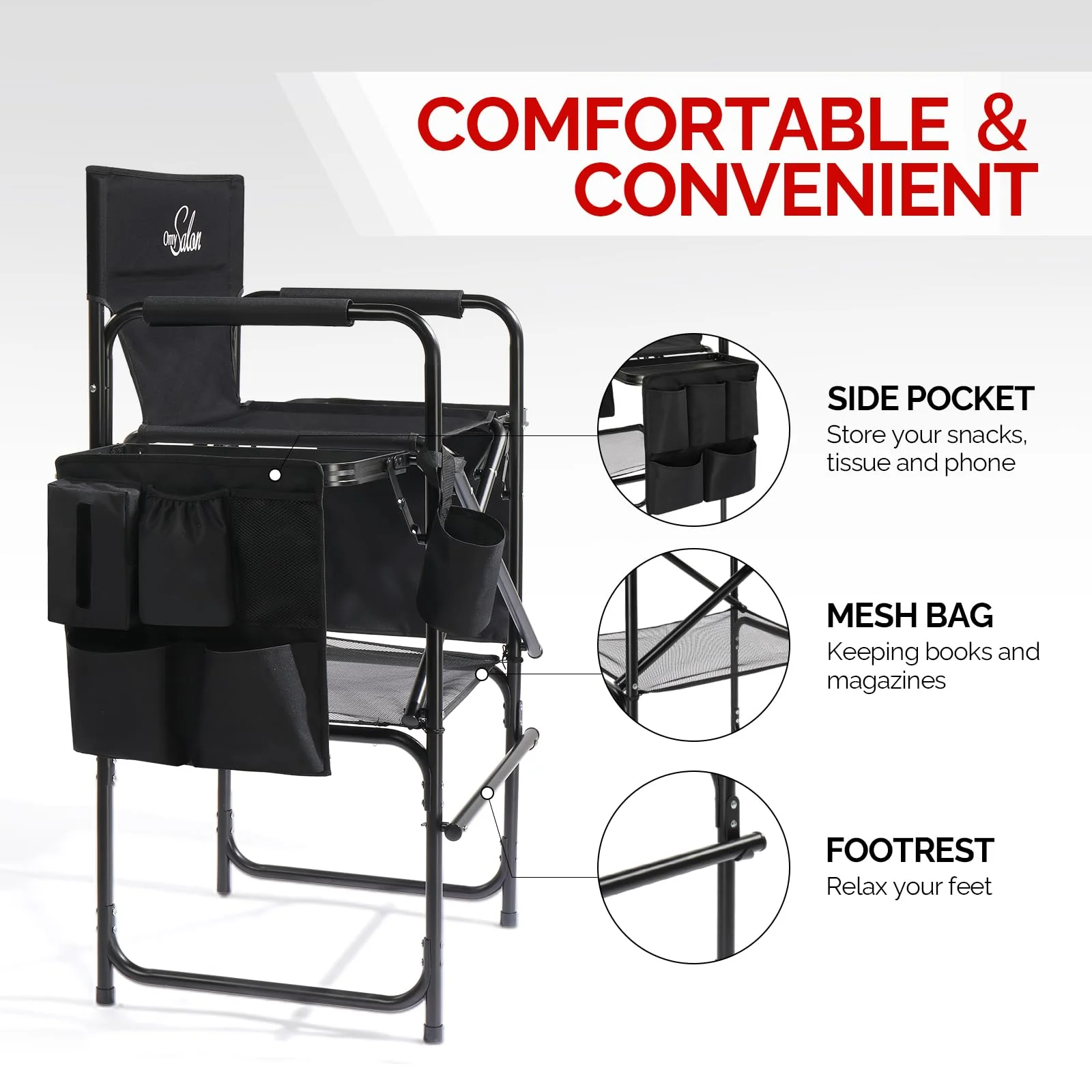 OmySalon 31in Portable Folding Director Chair with 2 Retractable Side Tables & 2 Side Bags - Image 3