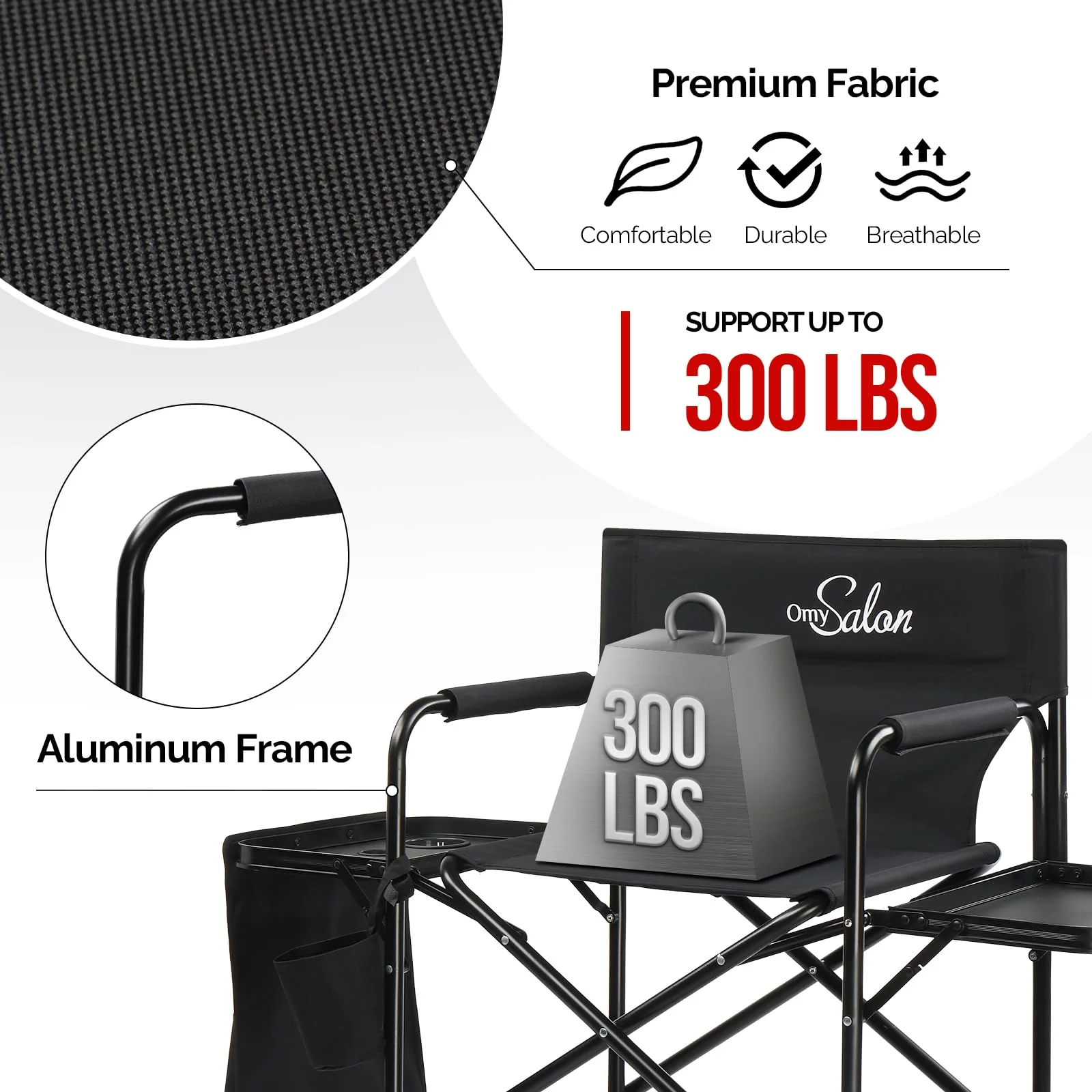 OmySalon 31in Portable Folding Director Chair with 2 Retractable Side Tables & 2 Side Bags - Image 5