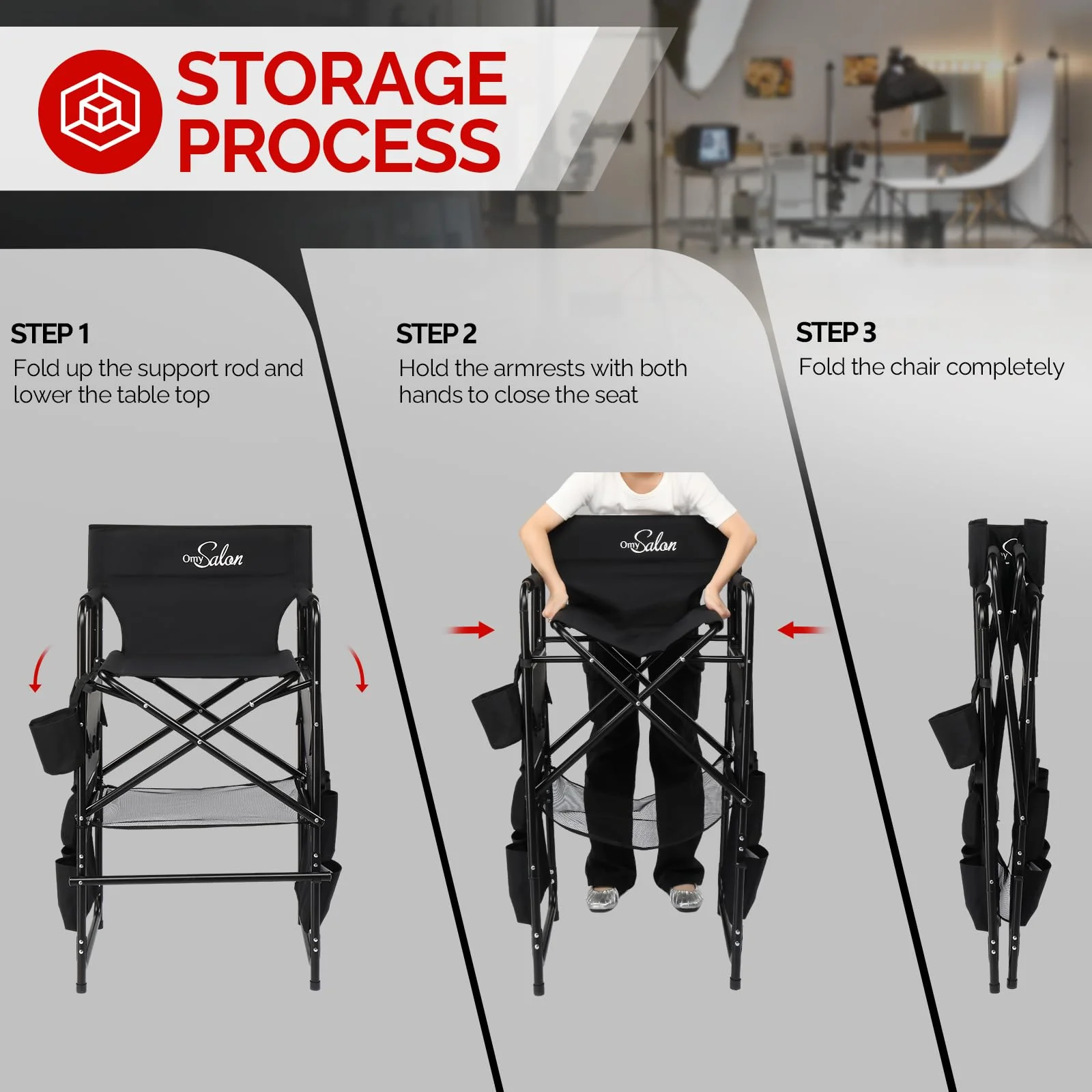 OmySalon 31in Portable Folding Director Chair with 2 Retractable Side Tables & 2 Side Bags - Image 6