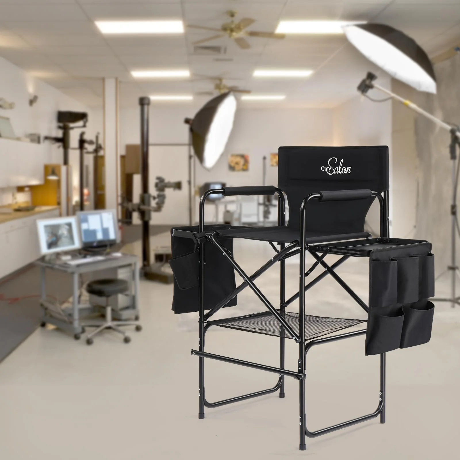 OmySalon 31in Portable Folding Director Chair with 2 Retractable Side Tables & 2 Side Bags - Image 7