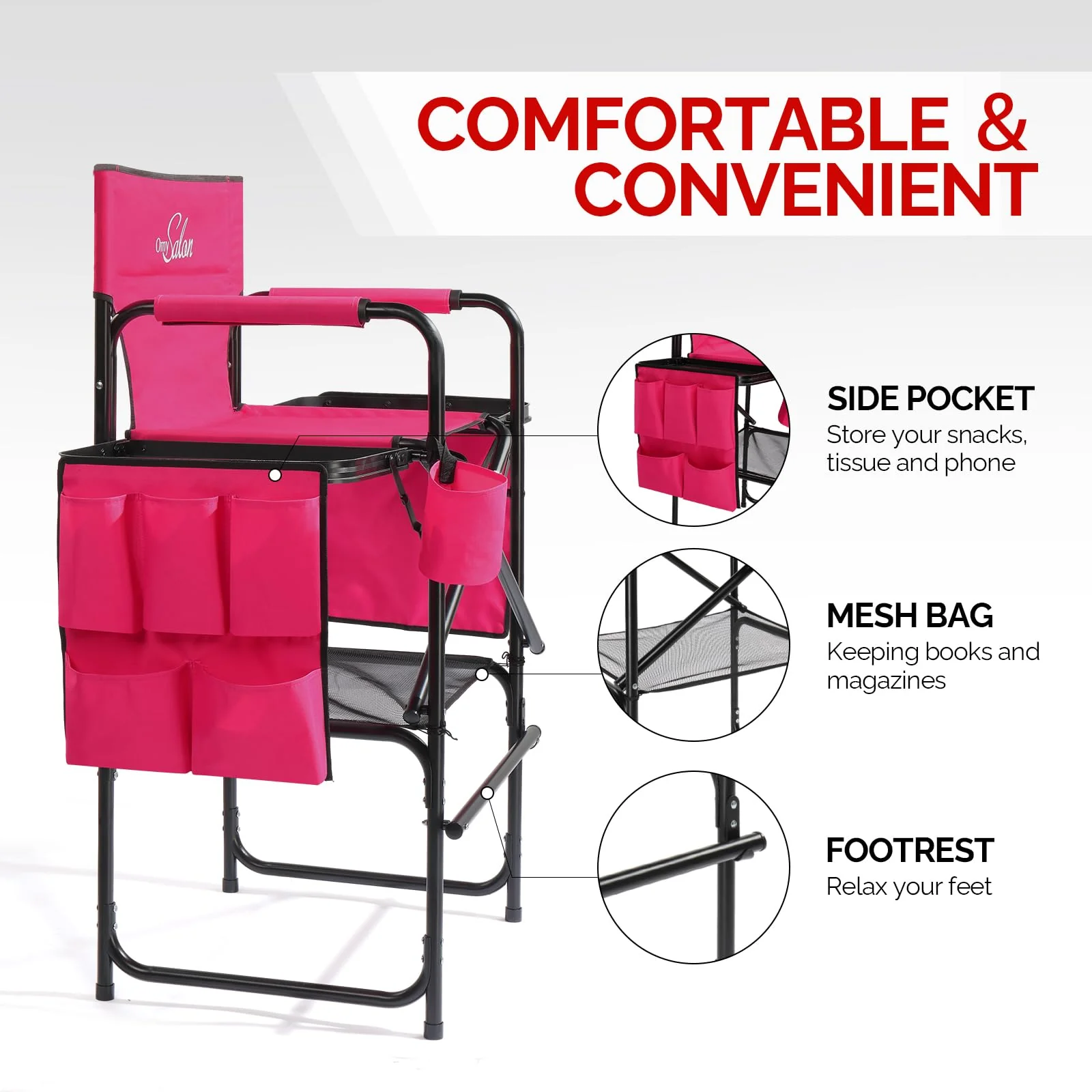 OmySalon 31in Portable Folding Director Chair with 2 Retractable Side Tables & 2 Side Bags - Image 9