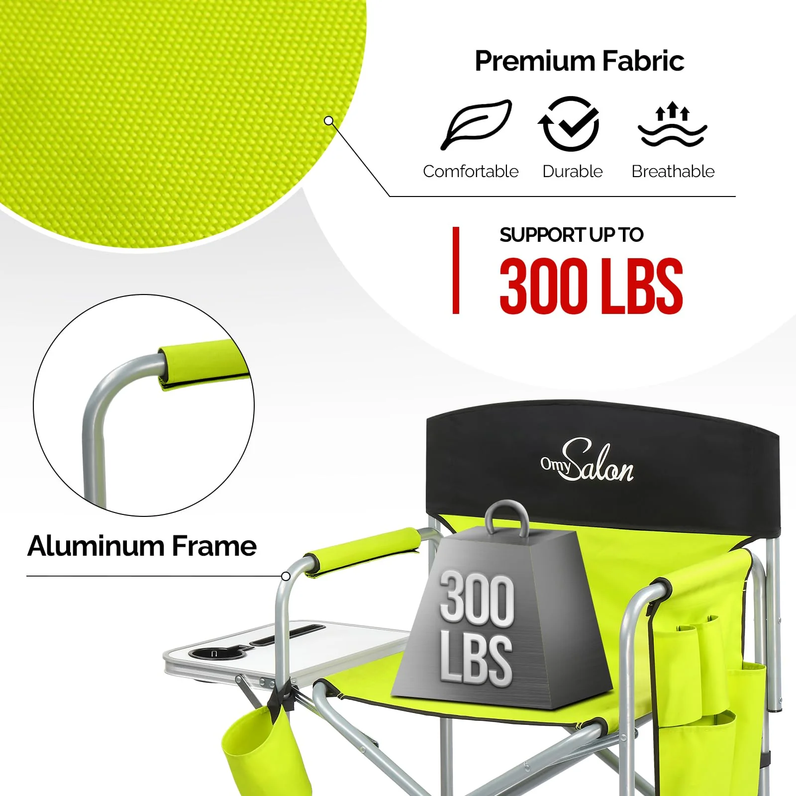 OmySalon 25in Portable Folding Director Chair with Retractable Side Tables & Side Bags - Image 11