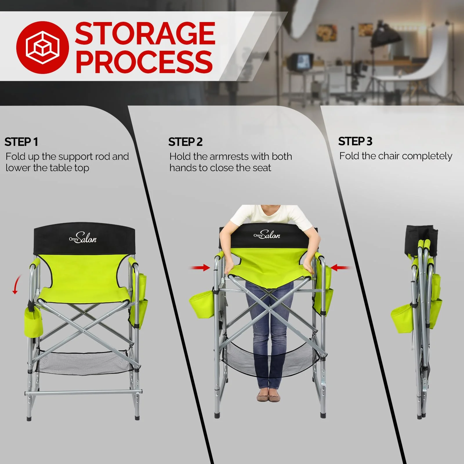 OmySalon 25in Portable Folding Director Chair with Retractable Side Tables & Side Bags - Image 12
