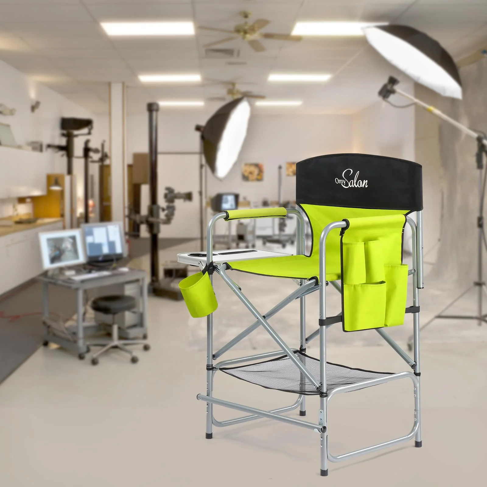 OmySalon 25in Portable Folding Director Chair with Retractable Side Tables & Side Bags - Image 14