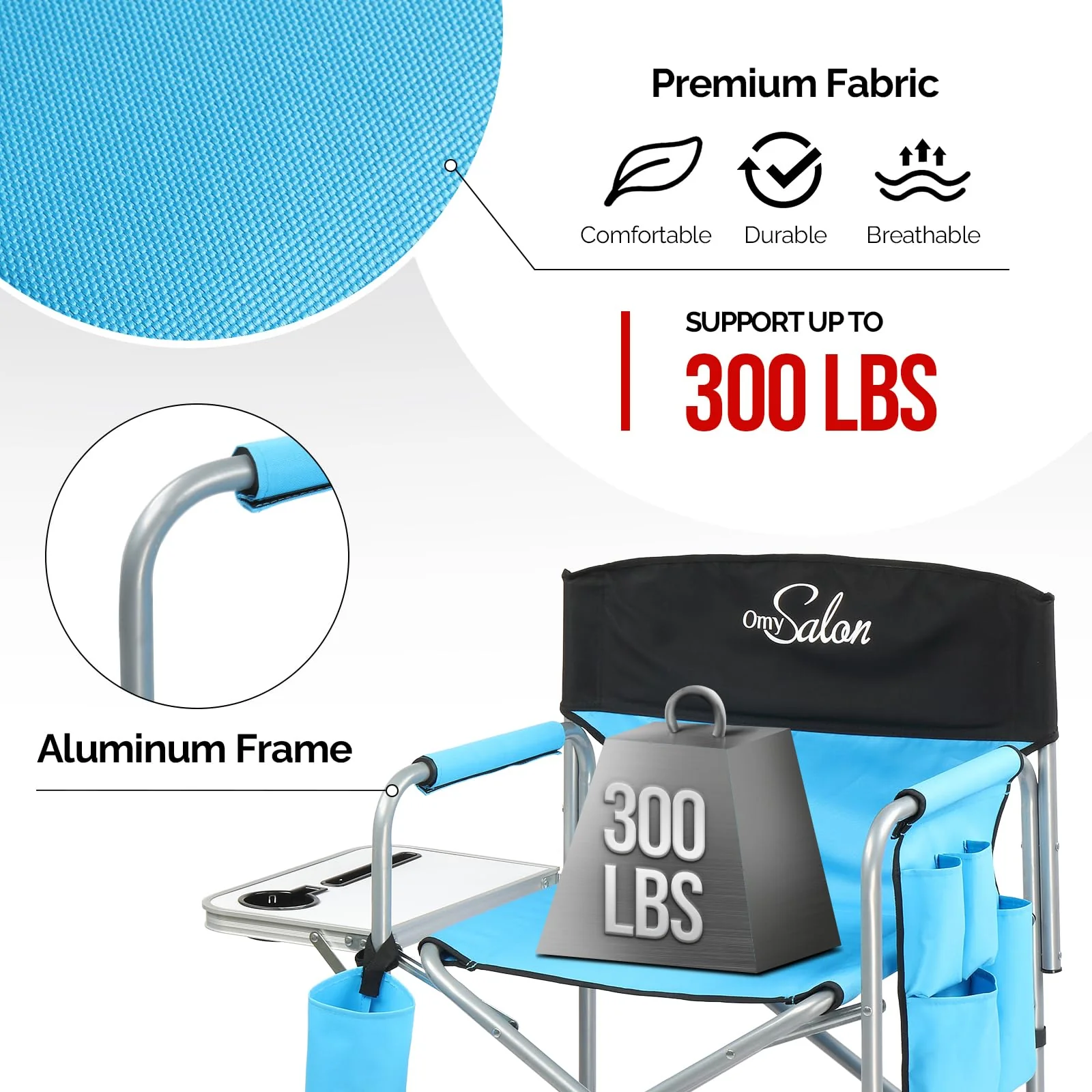 OmySalon 25in Portable Folding Director Chair with Retractable Side Tables & Side Bags - Image 4