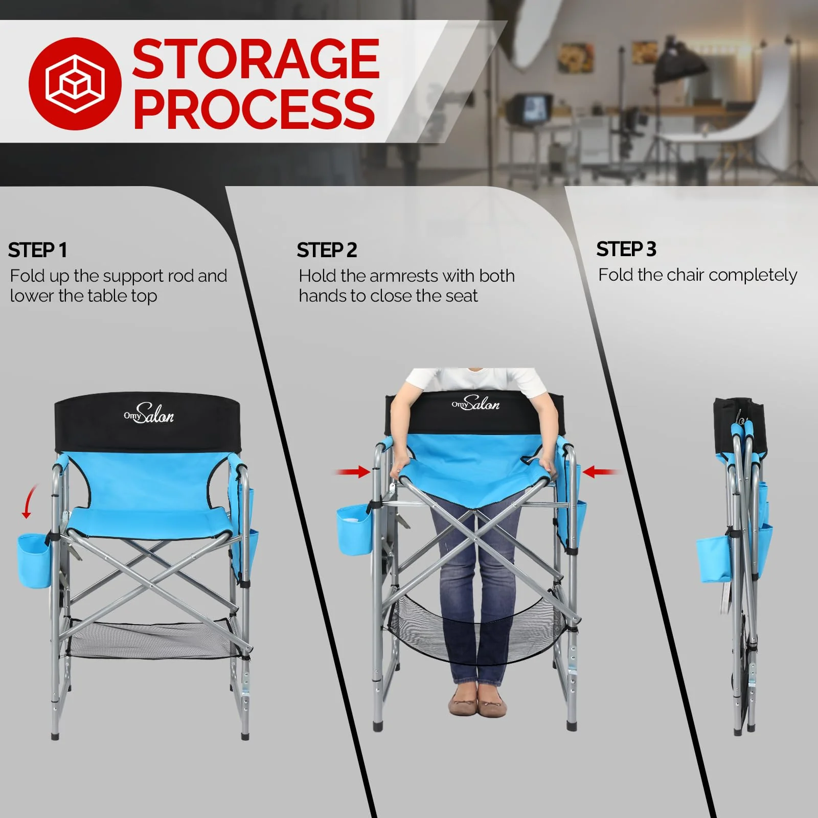 OmySalon 25in Portable Folding Director Chair with Retractable Side Tables & Side Bags - Image 5