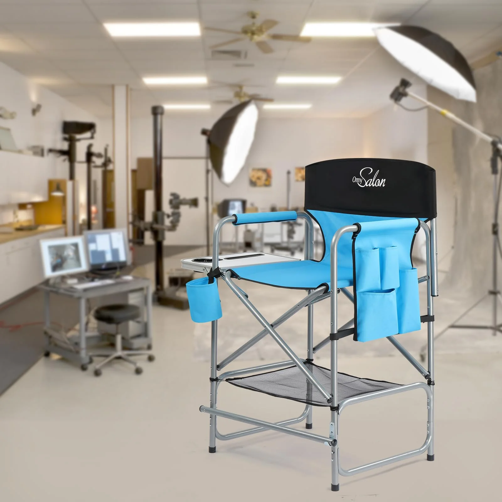 OmySalon 25in Portable Folding Director Chair with Retractable Side Tables & Side Bags - Image 7
