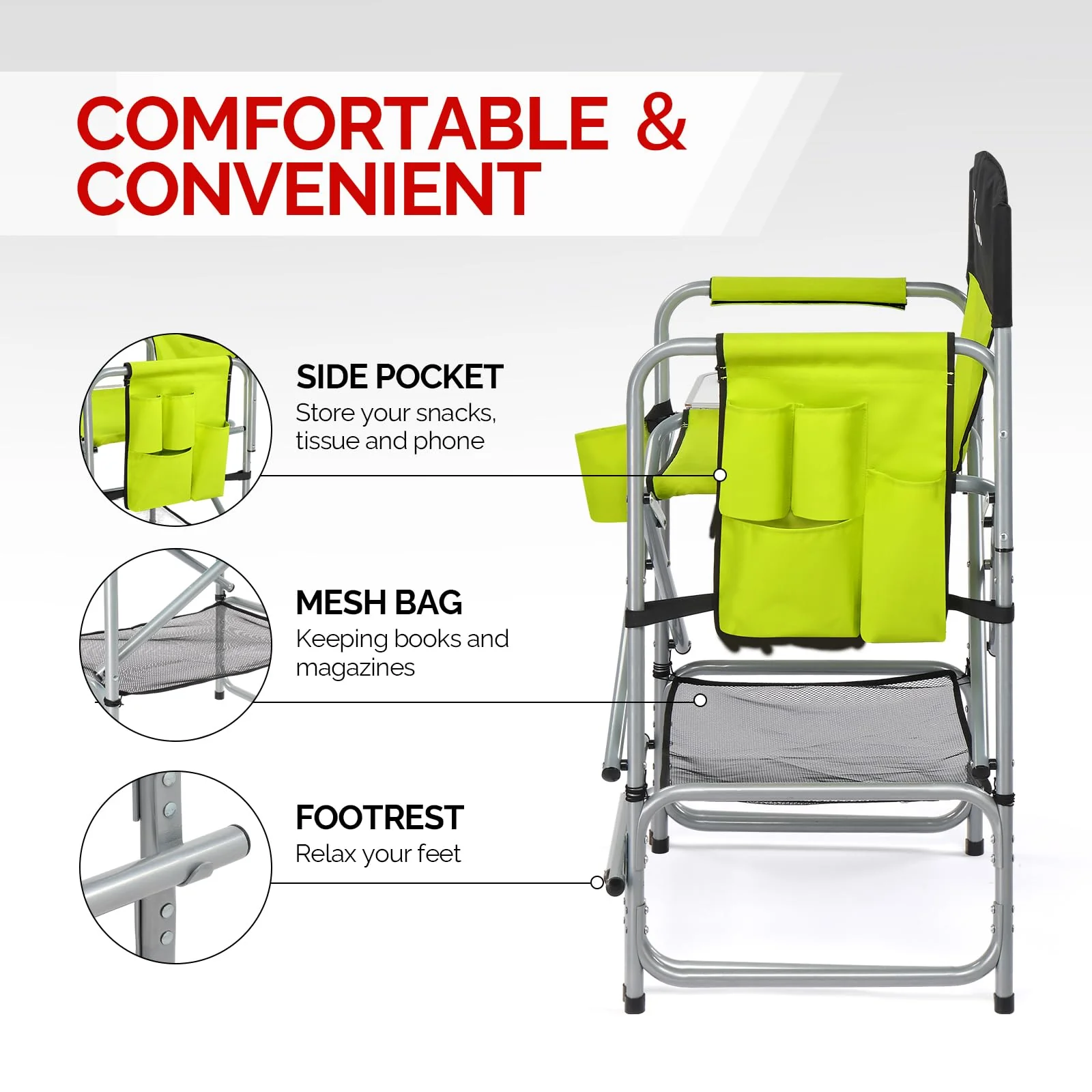 OmySalon 25in Portable Folding Director Chair with Retractable Side Tables & Side Bags - Image 9