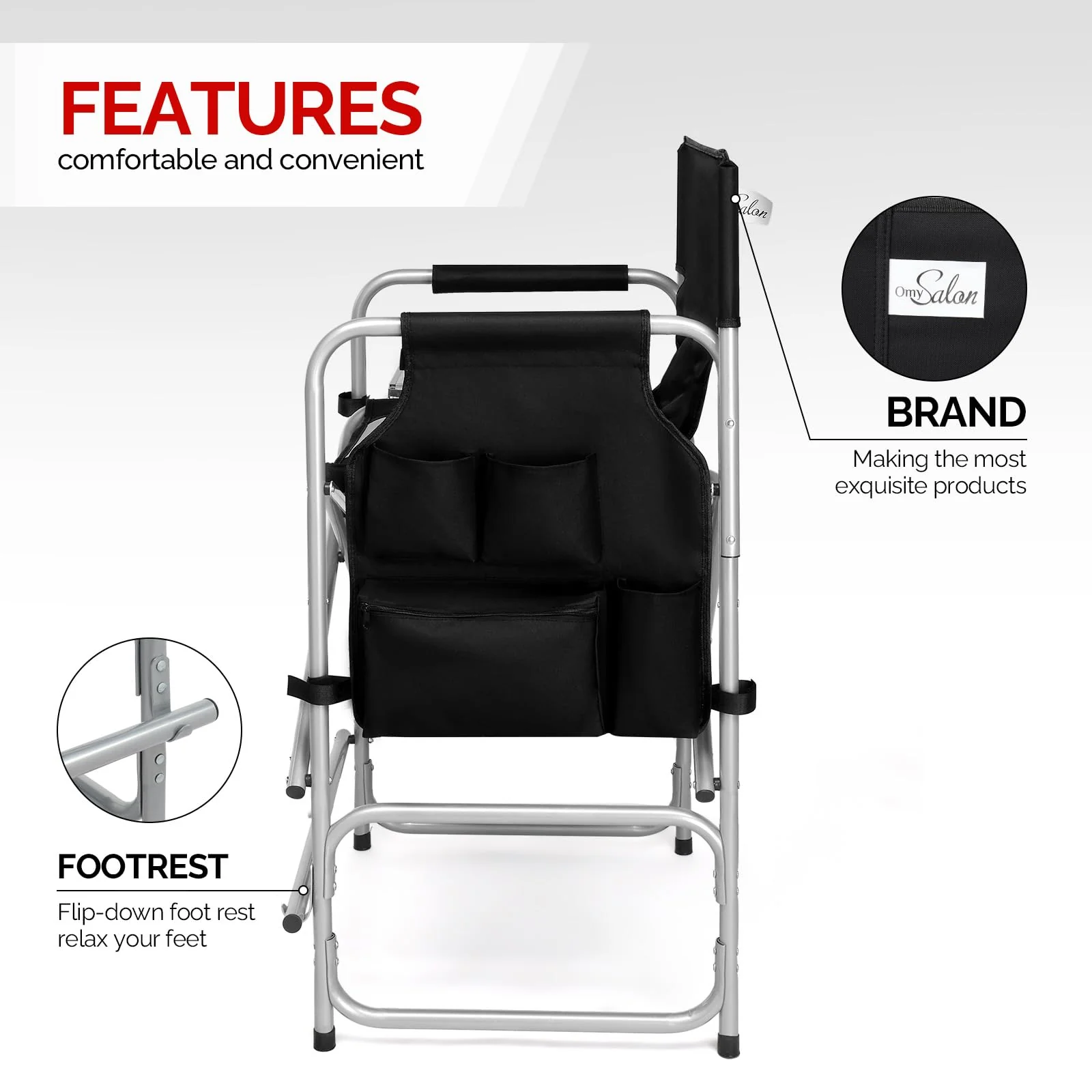 OmySalon 26in Folding Director Chair Makeup Artist Chair with Side Table - Image 6