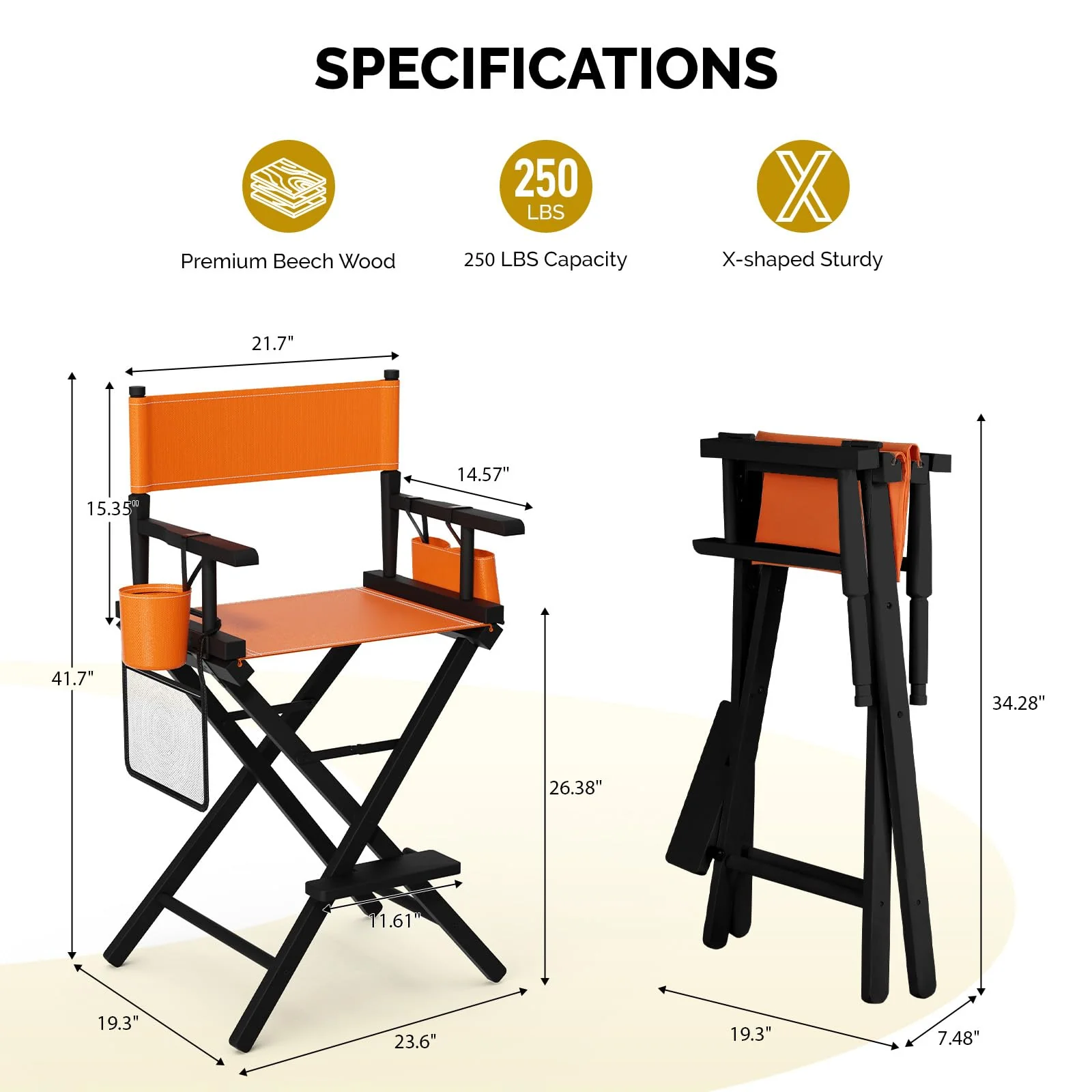 OmySalon 26in Wooden Portable Director Chair Folding Makeup Chair with Storage Pouch - Image 10