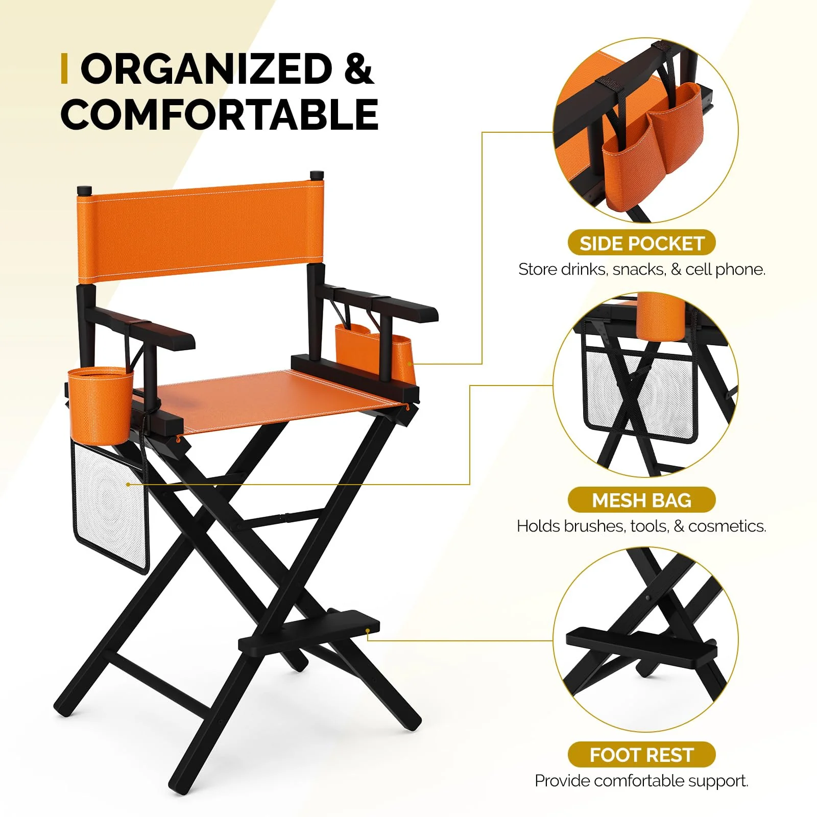 OmySalon 26in Wooden Portable Director Chair Folding Makeup Chair with Storage Pouch - Image 12