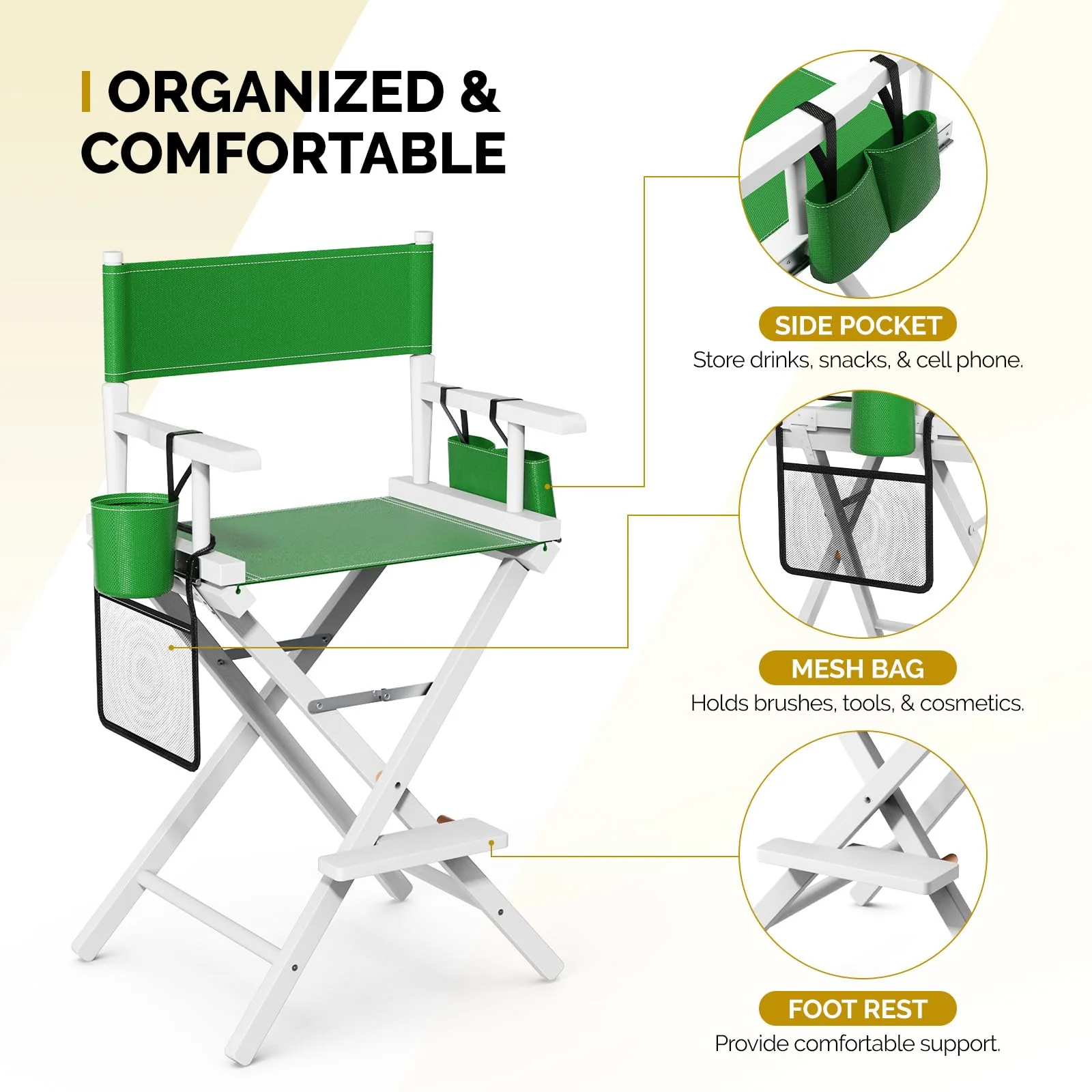 OmySalon 26in Wooden Portable Director Chair Folding Makeup Chair with Storage Pouch - Image 19