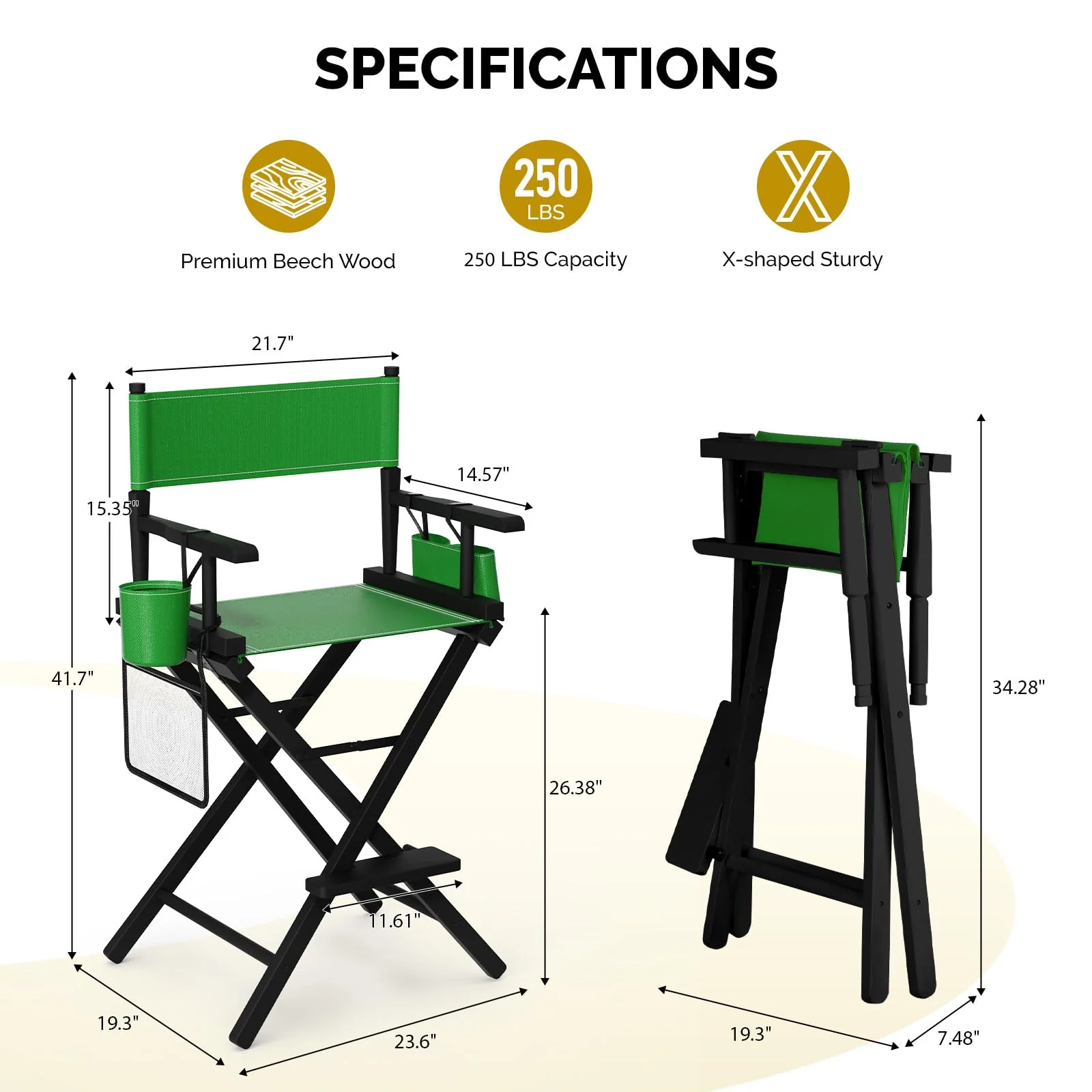 OmySalon 26in Wooden Portable Director Chair Folding Makeup Chair with Storage Pouch - Image 24
