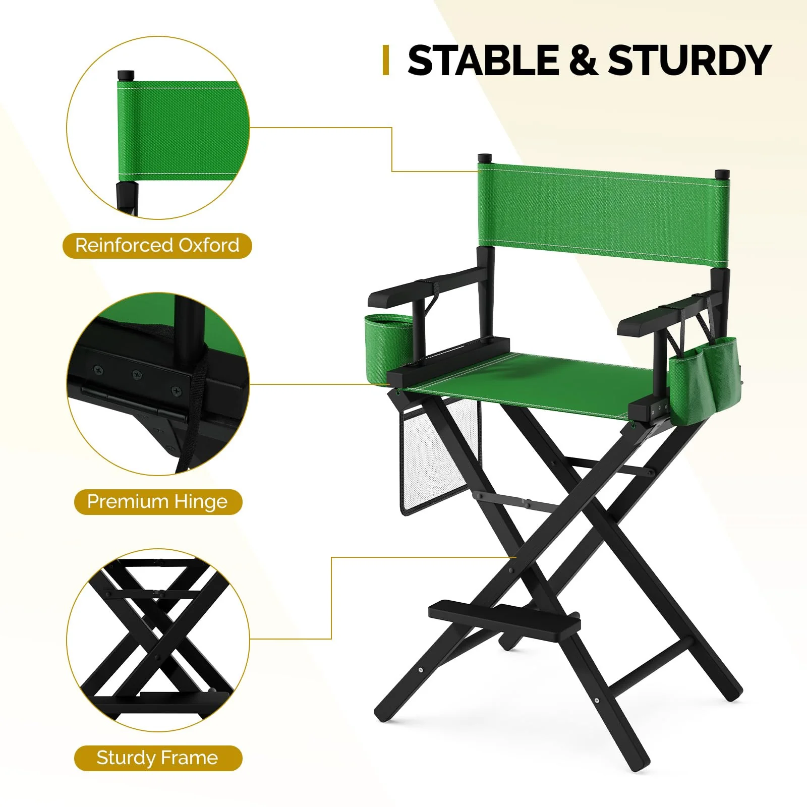 OmySalon 26in Wooden Portable Director Chair Folding Makeup Chair with Storage Pouch - Image 25