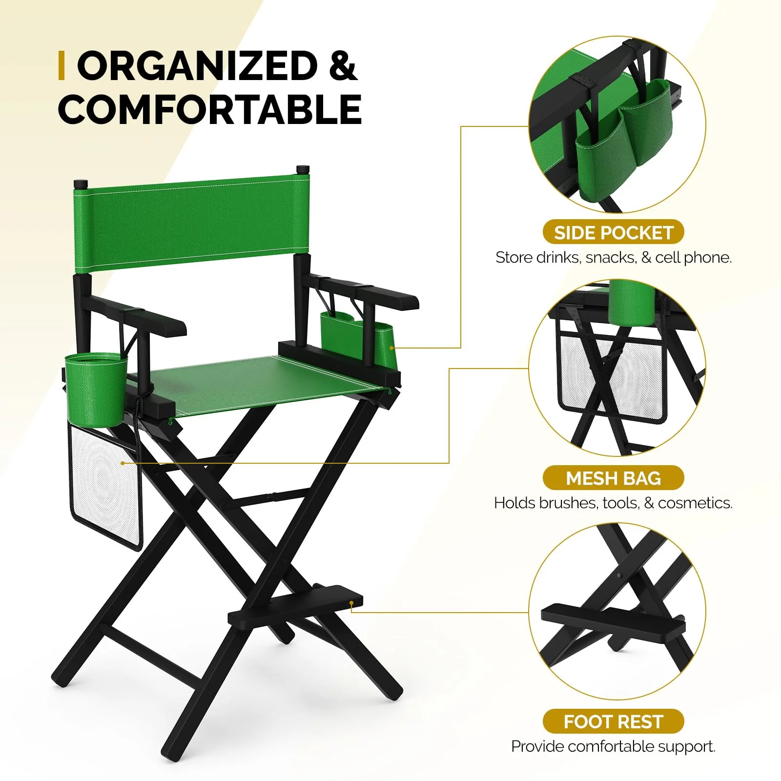 OmySalon 26in Wooden Portable Director Chair Folding Makeup Chair with Storage Pouch - Image 26