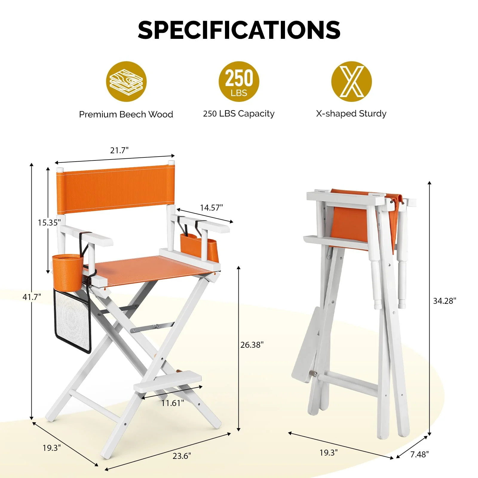 OmySalon 26in Wooden Portable Director Chair Folding Makeup Chair with Storage Pouch - Image 3