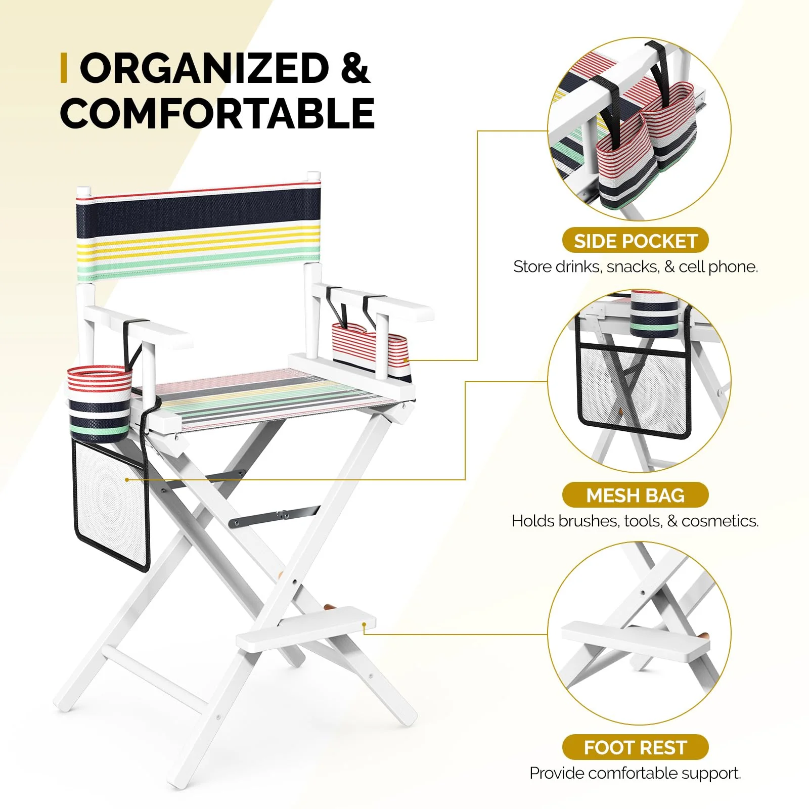 OmySalon 26in Wooden Portable Director Chair Folding Makeup Chair with Storage Pouch - Image 33