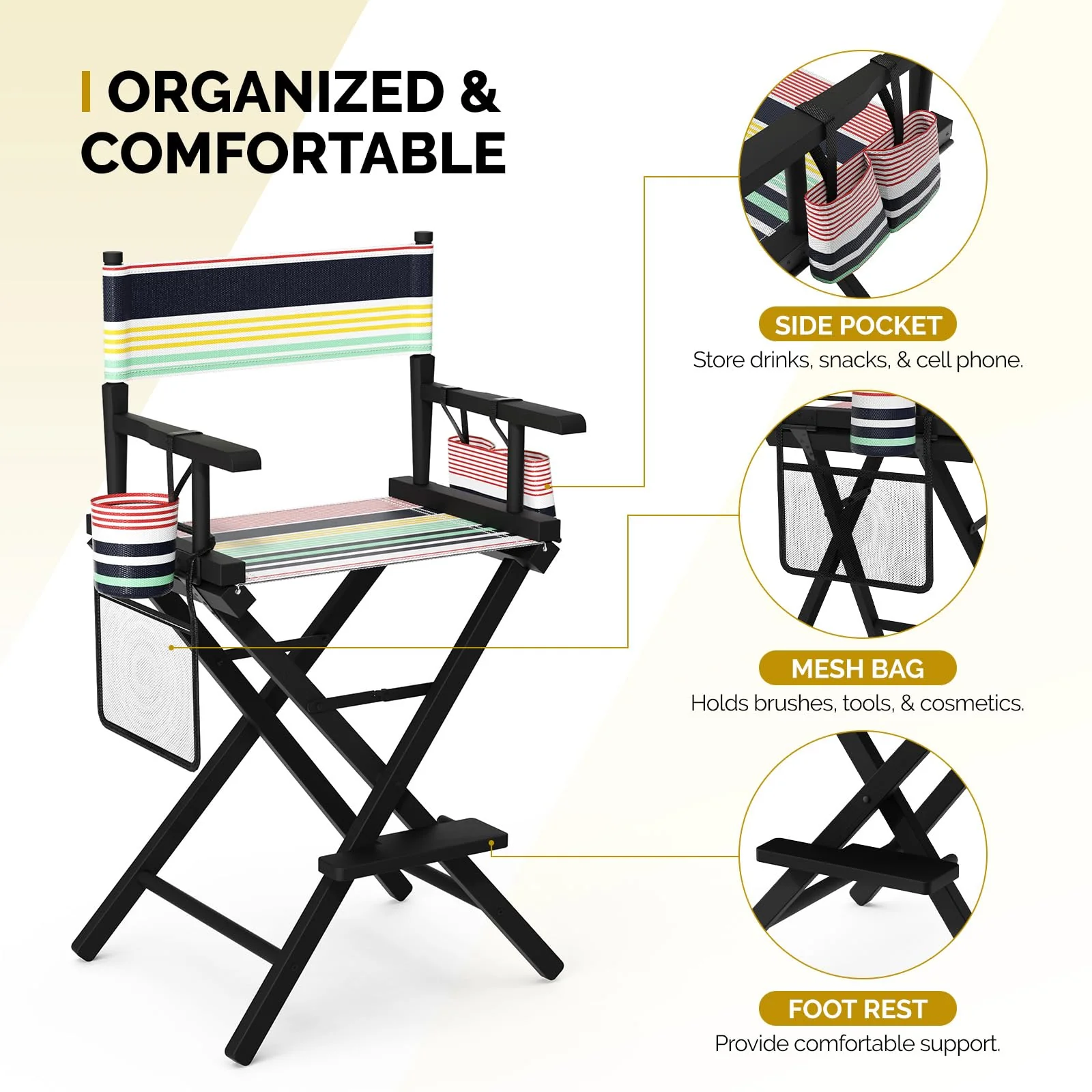OmySalon 26in Wooden Portable Director Chair Folding Makeup Chair with Storage Pouch - Image 40