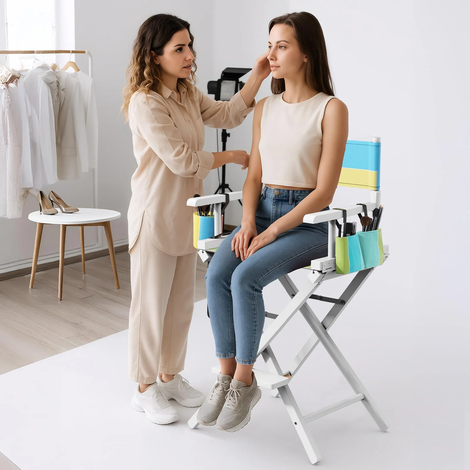 OmySalon 26in Wooden Portable Director Chair Folding Makeup Chair with Storage Pouch - Image 44