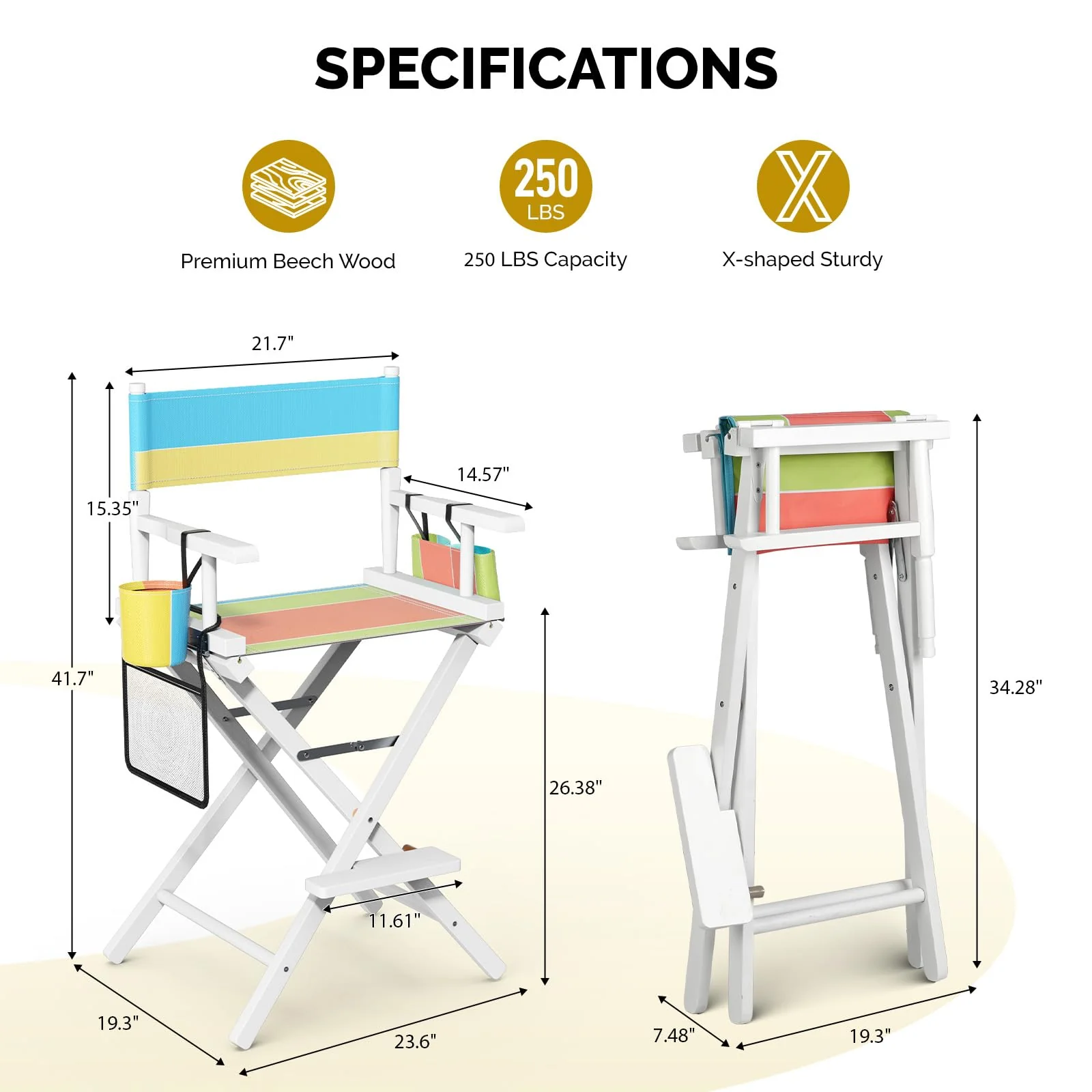 OmySalon 26in Wooden Portable Director Chair Folding Makeup Chair with Storage Pouch - Image 45