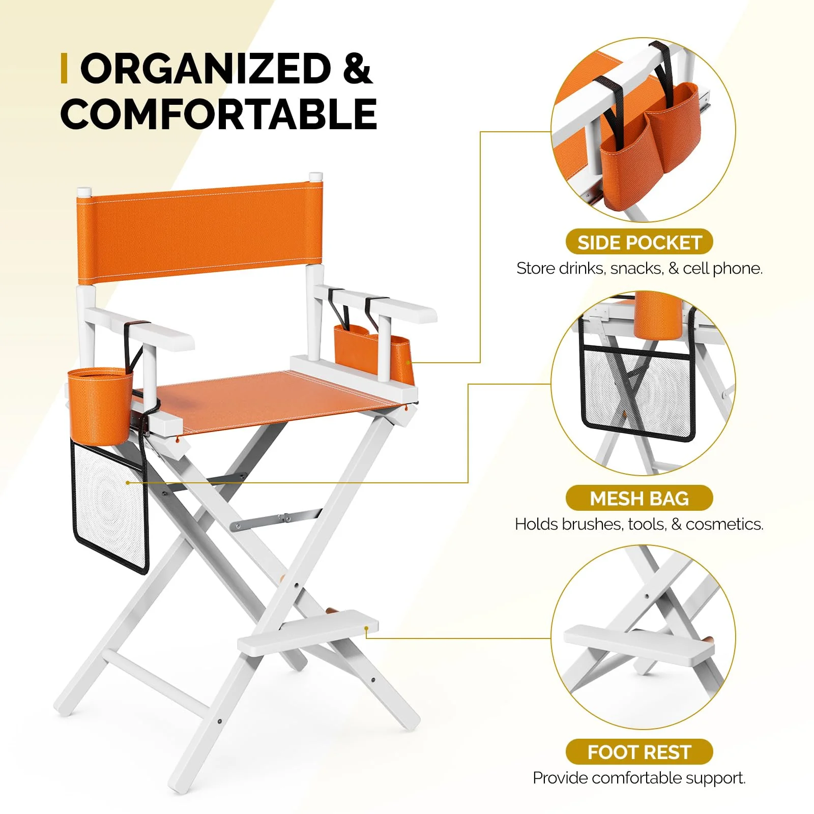 OmySalon 26in Wooden Portable Director Chair Folding Makeup Chair with Storage Pouch - Image 5