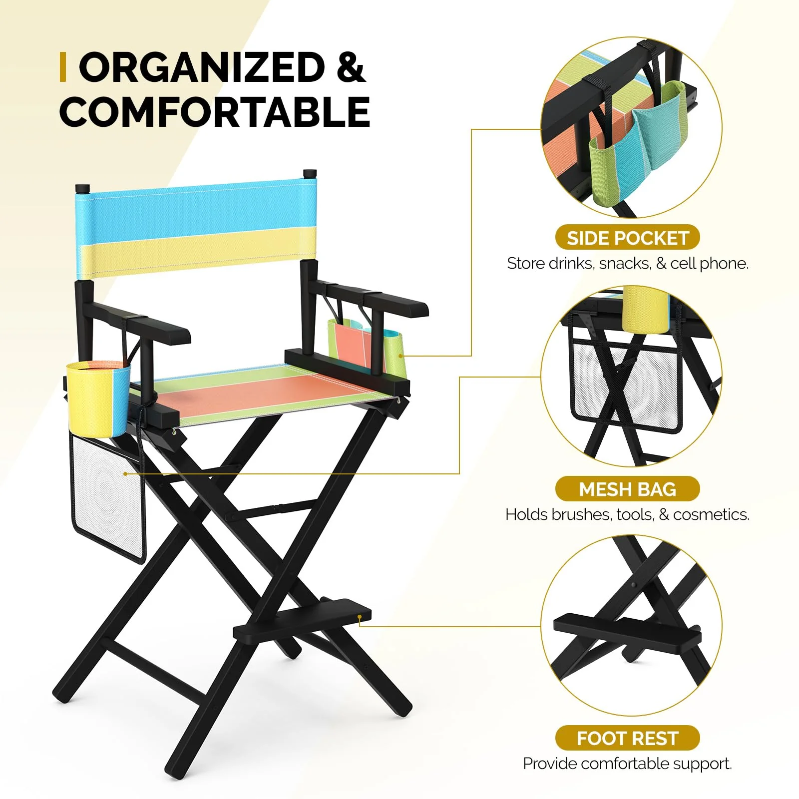 OmySalon 26in Wooden Portable Director Chair Folding Makeup Chair with Storage Pouch - Image 54