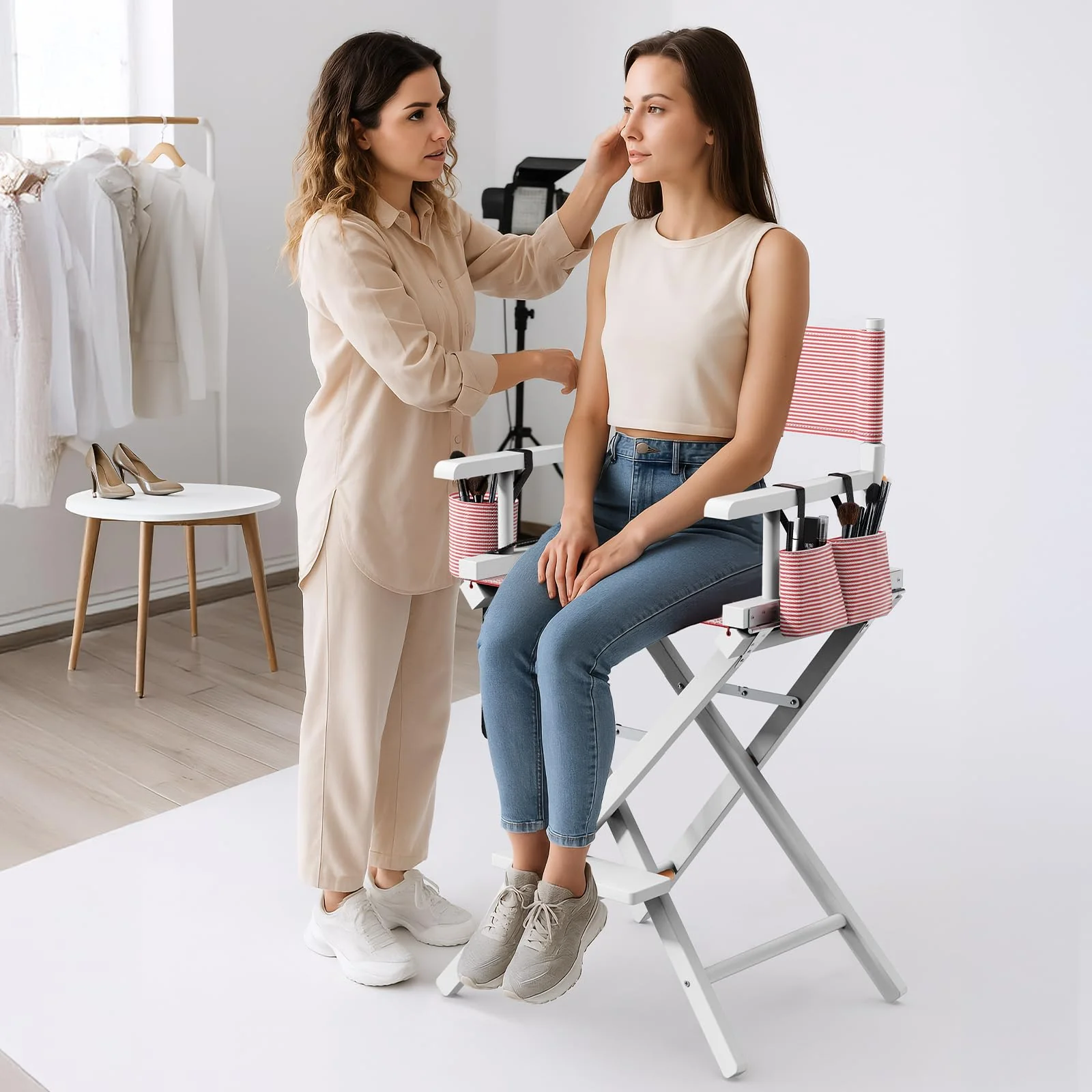 OmySalon 26in Wooden Portable Director Chair Folding Makeup Chair with Storage Pouch - Image 58