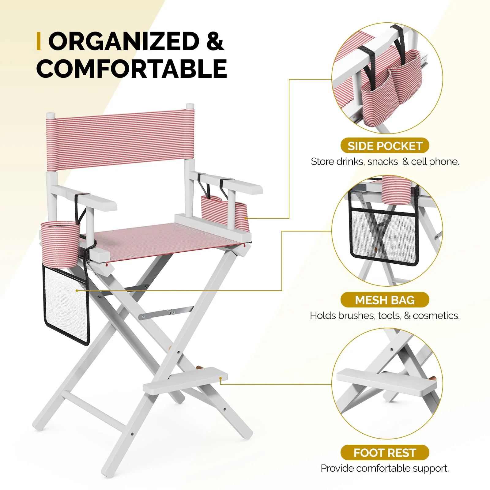 OmySalon 26in Wooden Portable Director Chair Folding Makeup Chair with Storage Pouch - Image 61