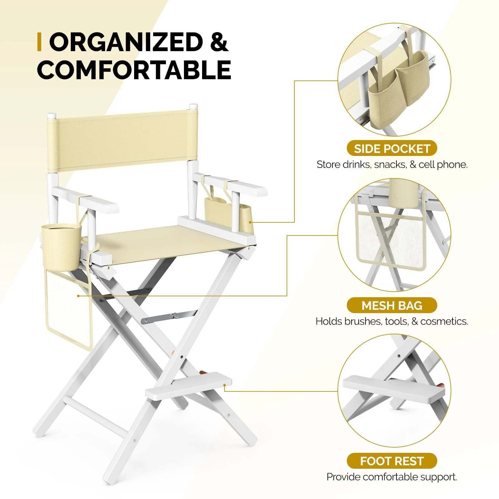 OmySalon 26in Wooden Portable Director Chair Folding Makeup Chair with Storage Pouch - Image 68