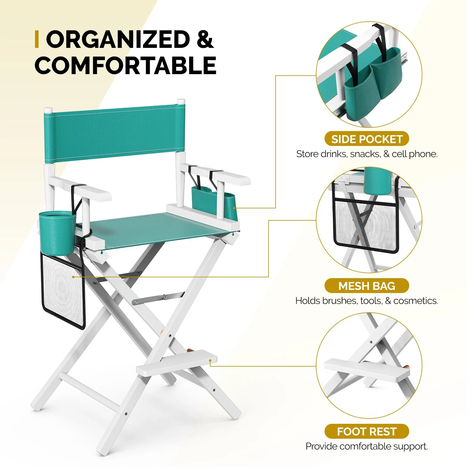 OmySalon 26in Wooden Portable Director Chair Folding Makeup Chair with Storage Pouch - Image 75