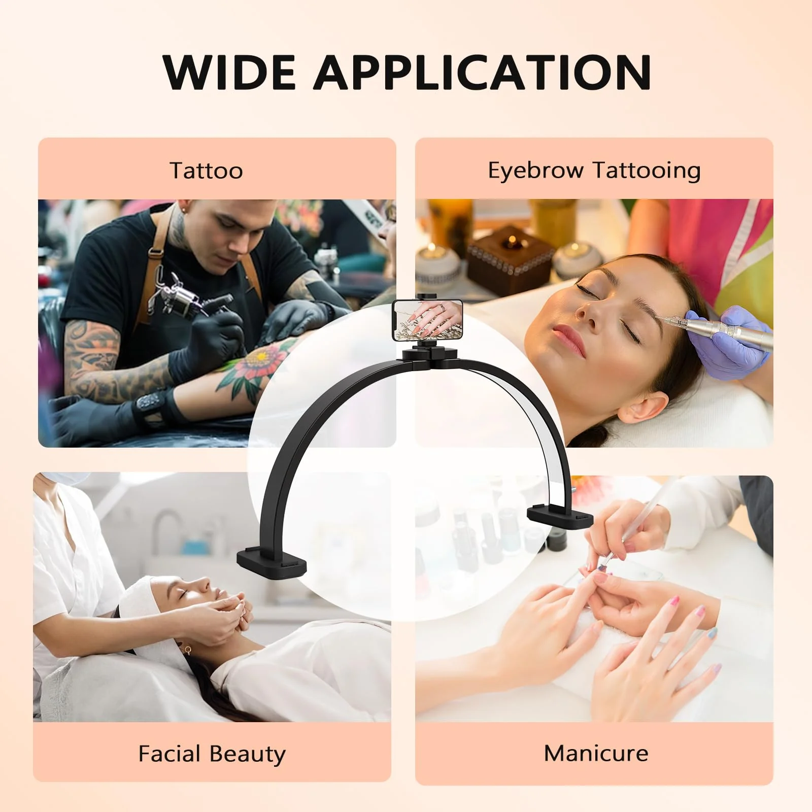 OmySalon 29" Foldable Shadowless Half Moon LED Nail Lamp with 3000-6500K Adjustable Color Temperature, Stepless Dimming & Phone Holder - Image 8