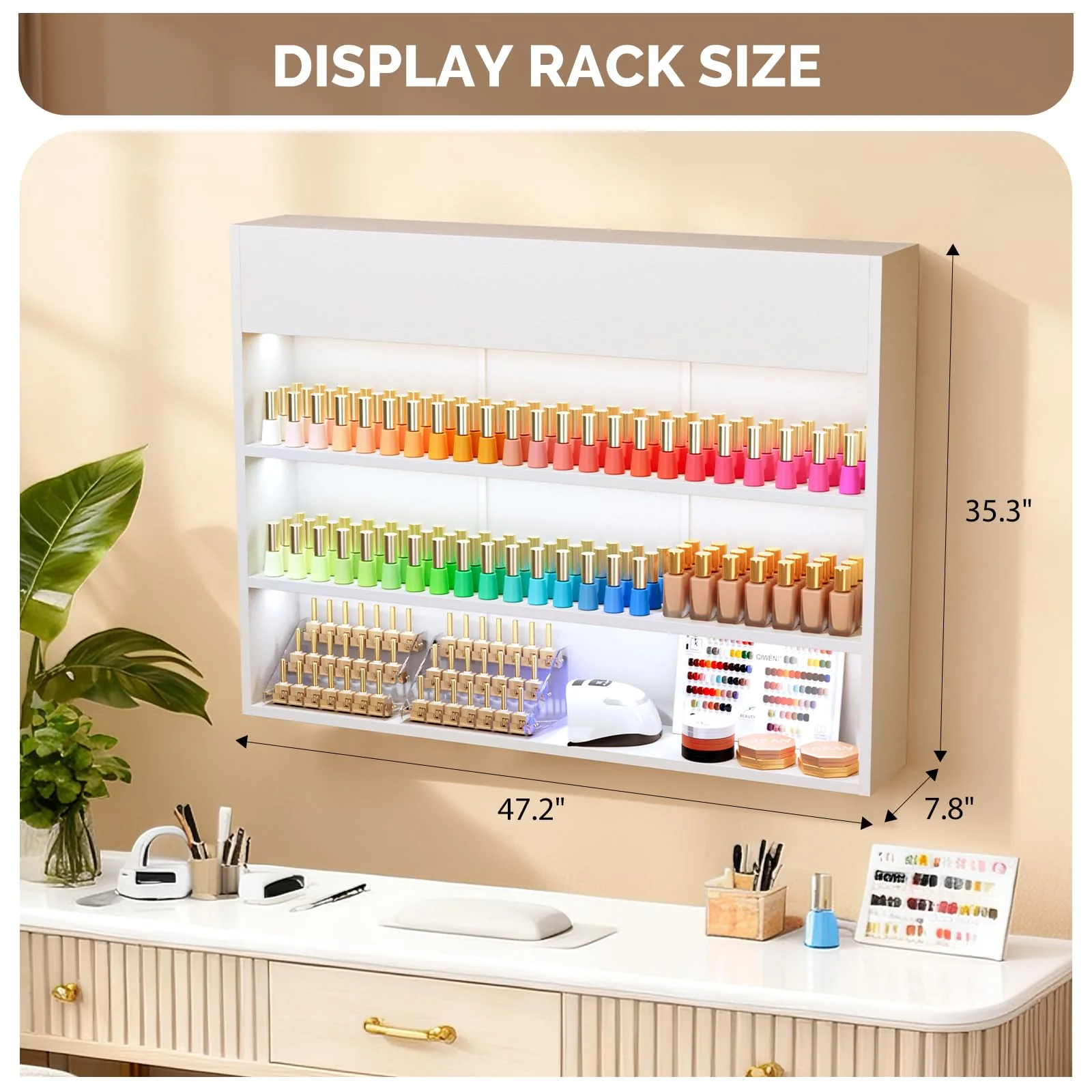 OmySalon 3-Tier Wall Mount LED Wooden Nail Polish Organizer Shelf with USB Touch Control - Image 3