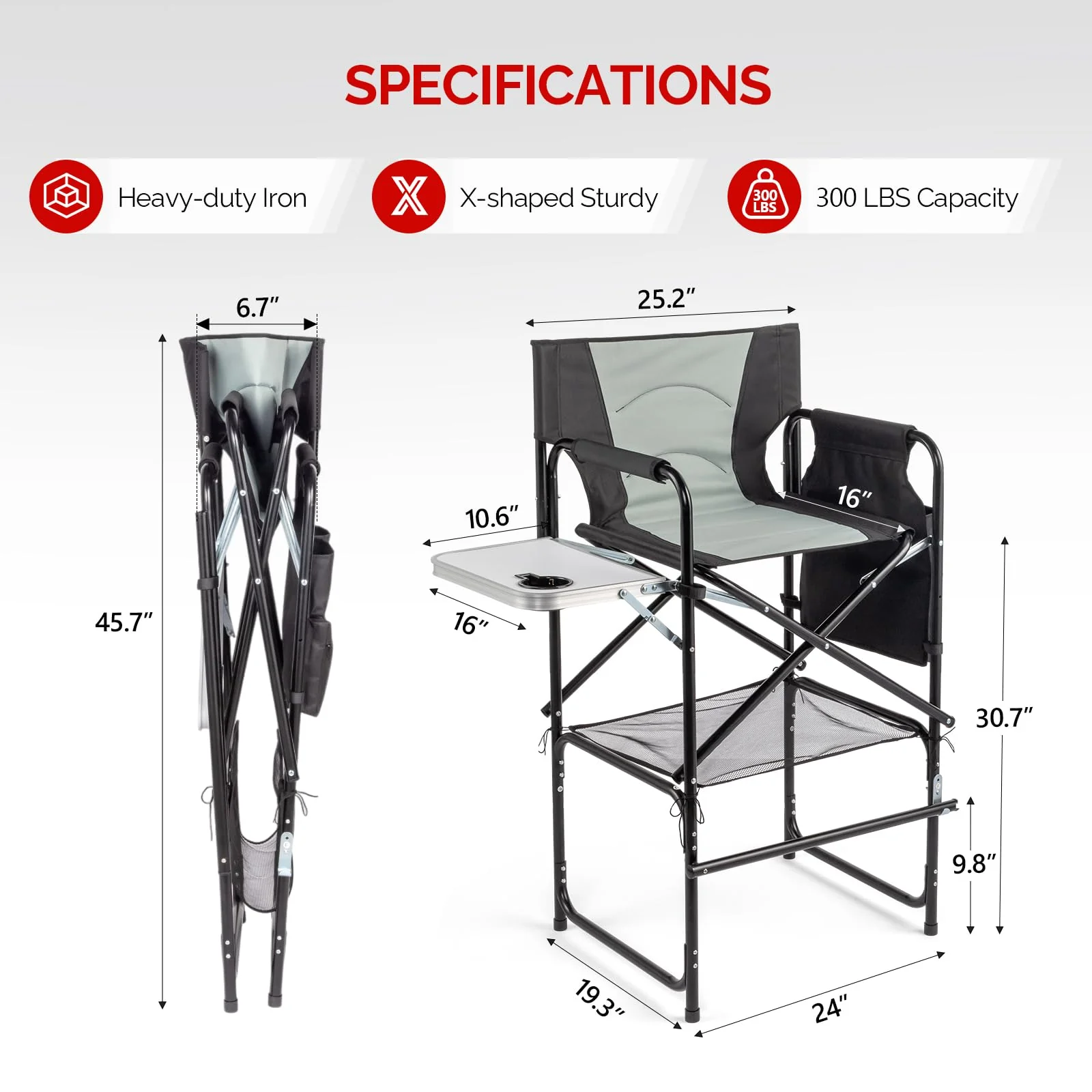OmySalon 30in Portable Folding Director Chair with Side Table & Side Storage Bag - Assembly Required - Image 3